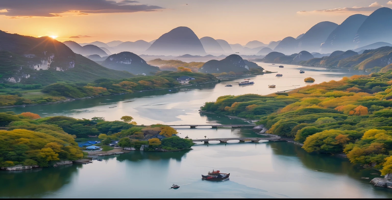 Fed boat on the river surrounded by mountains and trees, Chinese landscape, karst landscape, Yamakawa, Dream China Town, hou china, Mountains, rivers and trees, rios、trees and hills, Chinese dreamland, amazing scenery, amazing scenery, River side, Incredibly beautiful, "Aerial view of a mountain, River side的风景, guangjian