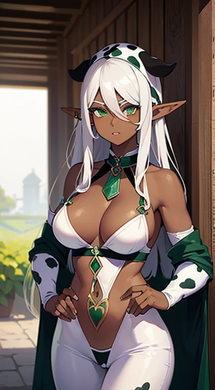 (((Elf Woman))),((Dark Skin)),((White Hair)),((Green Eyes)), ((sexy body)), ((Wearing a cow costume))