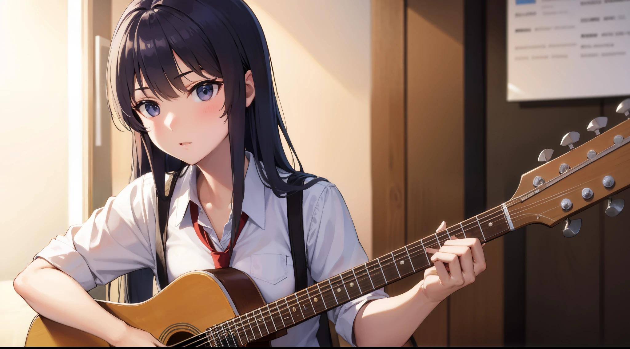 Mai Sakurajima sits in school uniform and plays guitar