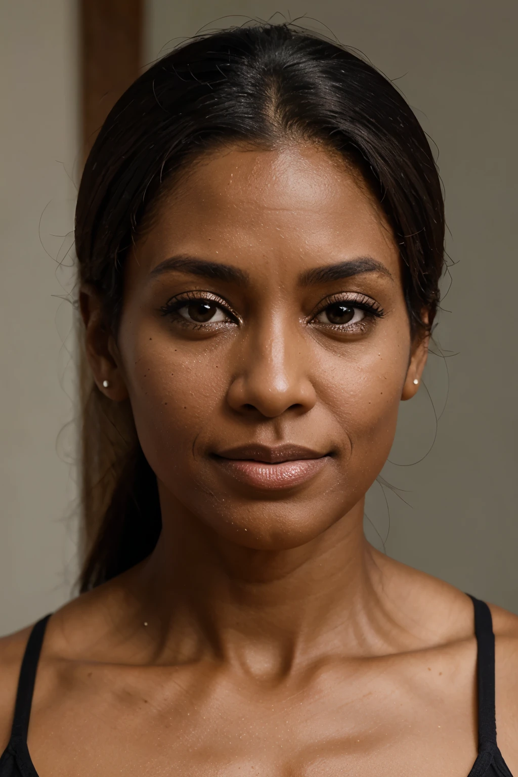 50 years old woman, brown skin, fitness, close up face, looking front