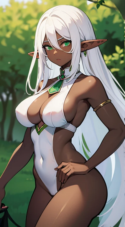 (((Elf Woman))),((Dark Skin)),((White Hair)),((Green Eyes)), ((sexy body)), ((cow costume))
