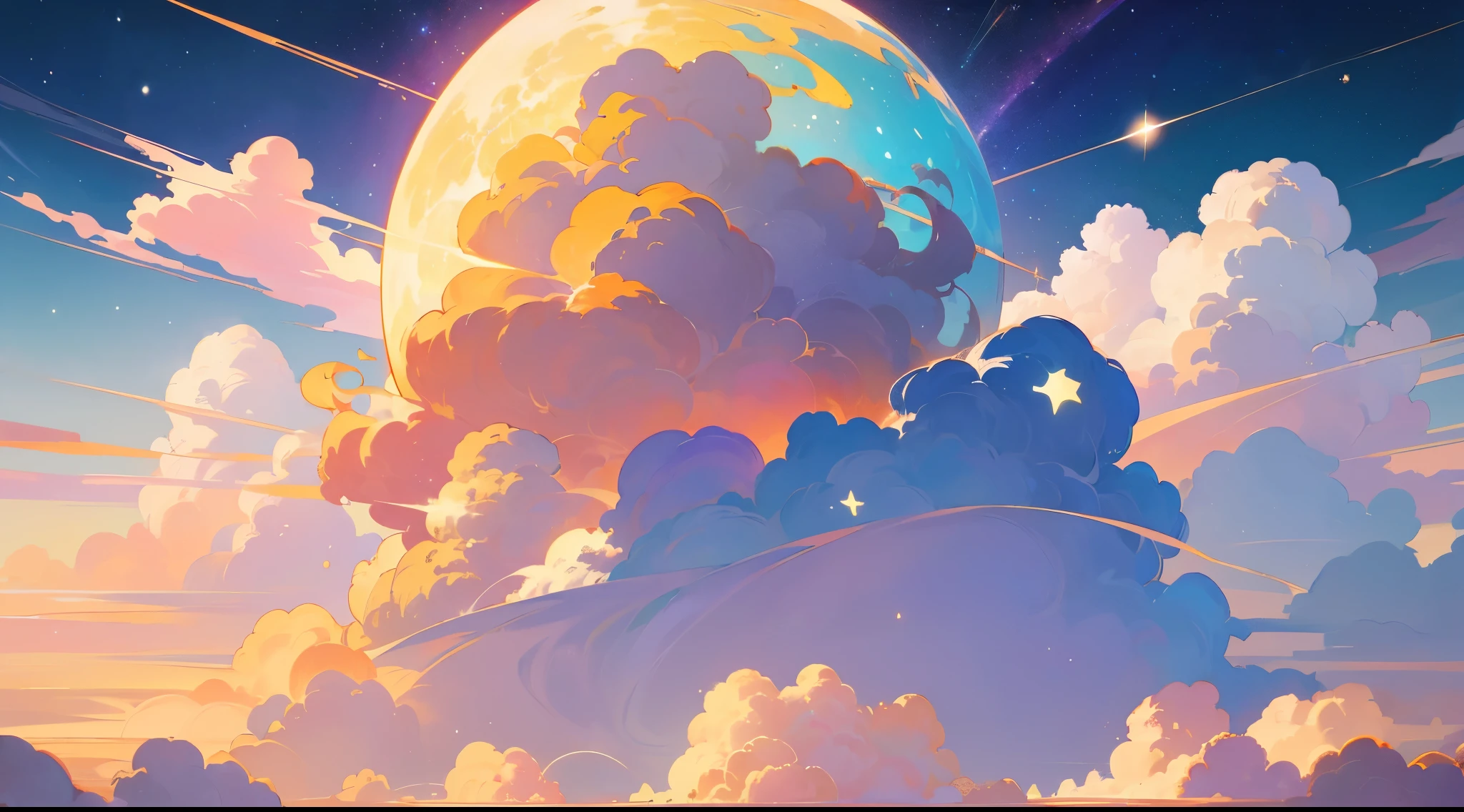 (Best quality at best),(tmasterpiece),(ultra - detailed),(高the detail),(The is very detailed),The subject: anime sky dream: Digital illustration or traditional painting. settle: 4000x2000 pixels. Color Palette: The soft pastel colors with a mix of vibrant hues. sentiment: magical, Ethereal, and tranquility. artworks: Vast skies and floating islands, Whimsical clouds, and dreamlike elements. lamplight: The soft, Diffuse lighting with warm colors, golden rays. styled: inspired by anime，With a hint of fantasy and surrealism. the detail: Include elements such as shooting As estrelas, Colored nebulae, Fluffy clouds, and mysterious creatures. inspiration: anime fantasy world, studio ghibli movie, Surreal art, and celestial phenomena. camera settings: There are none (Because it is a digital illustration). Supplementary notes: Emphasize the vastness and beauty of the sky by creating a sense of depth and space. Try various cloud formations and shapes, From fluffy cumulus clouds to slender cirrus clouds. Incorporate celestial elements such as the moon, As estrelas, and galaxies enhance the dreamy atmosphere. Use soft brush strokes and blending techniques to create a seamless and Ethereal look. 玩转lamplight效果, such as soft sunlight or a glowing sphere, 添加magical的触感. Consider adding whimsical creatures，like a flying dragon or floating jellyfish，Bring a sense of wonder to the scene. Don't be afraid，Let your imagination fly，Create a dream world that captures the essence of anime fantasy.