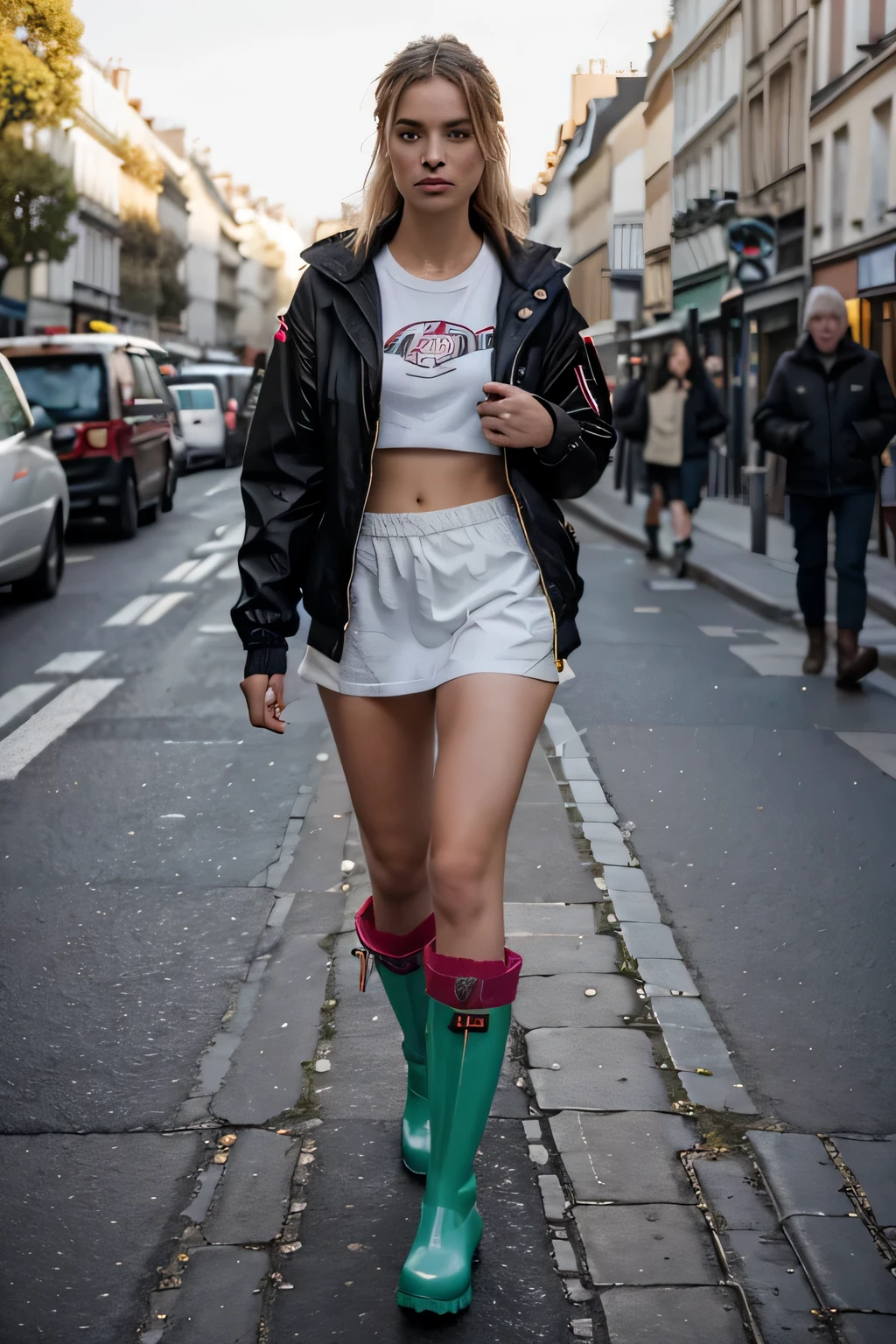 Junge Frau, young woman, in bunter Jacke und Stiefeln und nackte Beine, wears rubber boots, walking down a street, schlanke Beine, stilvolle Gottheit, Mode, In Paris, Von Derek Zabrocki, Londoner Modewoche, von Joe Bowler, Mode-Ikone, inspiriert von Karl Buesgen