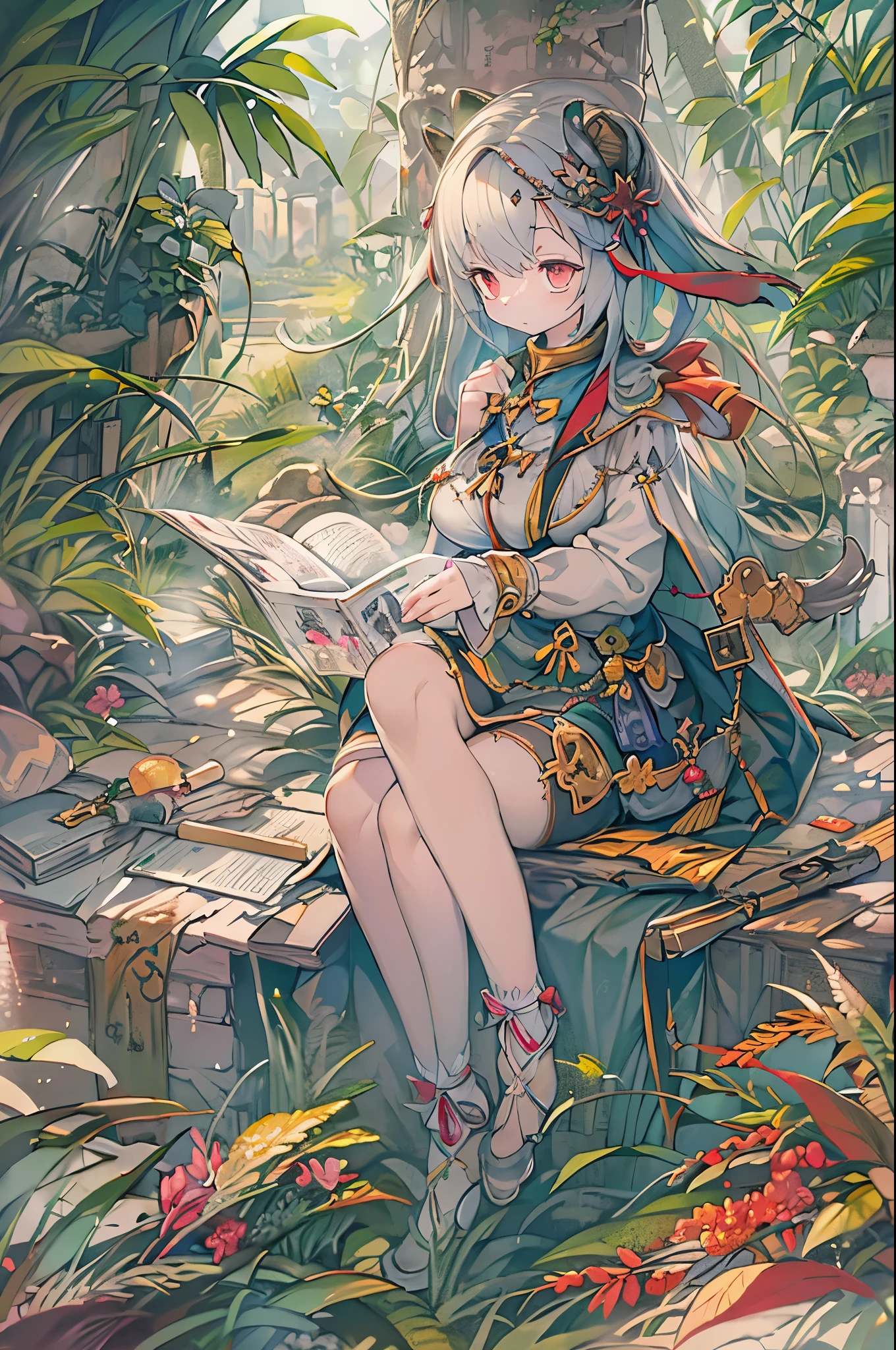 High detail, 1 girl, sitting in the garden, green leaves and flowers, White hair, laugh, 4,8k, cute, masterpiece