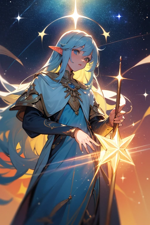 elfo das estrelas masculino, whose presence radiates the cosmic light of the universe. Ele possui uma estatura graciosa de aproximadamente 1,80 metros, com uma aura celestial que o envolve. Her hair, black as the vastness of space, is strewn with sparkling stars., giving the impression that the night itself rests in your head. Seus olhos profundos, Intense blue like the cloudless night sky, refletem o brilho das estrelas. Celestian's skin has a natural elven tone, but with a touch of stellar iridescence, proporcionando-lhe um brilho sutil. Their pointed ears accentuate their connection to cosmic wonders. Wearing a flowing tunic made of fabric that appears to be a fusion of silk and stars, Celestian glows softly as it moves. Detalhes prateados e dourados adornam suas vestes, evoking celestial constellations. He carries with him a staff carved with astral symbols that gently pulse with stellar energy..