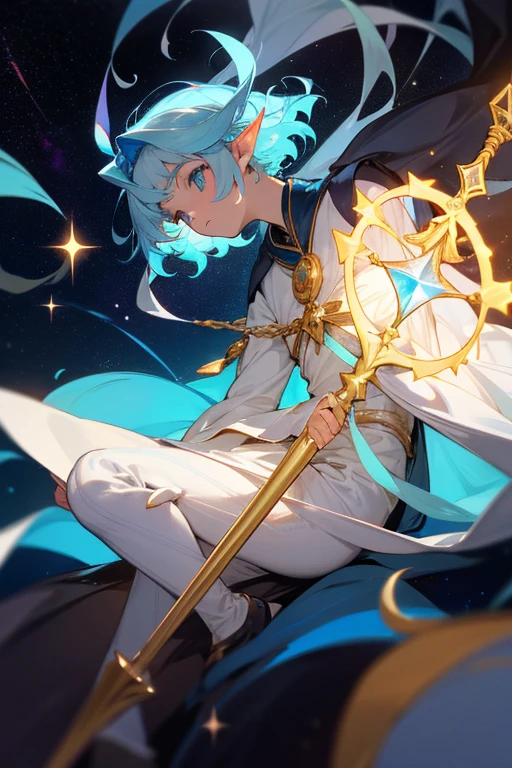 elfo das estrelas masculino, whose presence radiates the cosmic light of the universe. Ele possui uma estatura graciosa de aproximadamente 1,80 metros, com uma aura celestial que o envolve. Her hair, black as the vastness of space, is strewn with sparkling stars., giving the impression that the night itself rests in your head. Seus olhos profundos, Intense blue like the cloudless night sky, refletem o brilho das estrelas. Celestian&#39;s skin has a natural elven tone, but with a touch of stellar iridescence, proporcionando-lhe um brilho sutil. Their pointed ears accentuate their connection to cosmic wonders. Wearing a flowing tunic made of fabric that appears to be a fusion of silk and stars, Celestian glows softly as it moves. Detalhes prateados e dourados adornam suas vestes, evoking celestial constellations. He carries with him a staff carved with astral symbols that gently pulse with stellar energy..