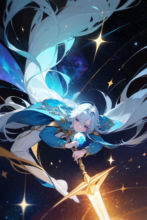 elfo das estrelas masculino, whose presence radiates the cosmic light of the universe. Ele possui uma estatura graciosa de aproximadamente 1,80 metros, com uma aura celestial que o envolve. Her hair, black as the vastness of space, is strewn with sparkling stars., giving the impression that the night itself rests in your head. Seus olhos profundos, Intense blue like the cloudless night sky, refletem o brilho das estrelas. Celestian's skin has a natural elven tone, but with a touch of stellar iridescence, proporcionando-lhe um brilho sutil. Their pointed ears accentuate their connection to cosmic wonders. Wearing a flowing tunic made of fabric that appears to be a fusion of silk and stars, Celestian glows softly as it moves. Detalhes prateados e dourados adornam suas vestes, evoking celestial constellations. He carries with him a staff carved with astral symbols that gently pulse with stellar energy..