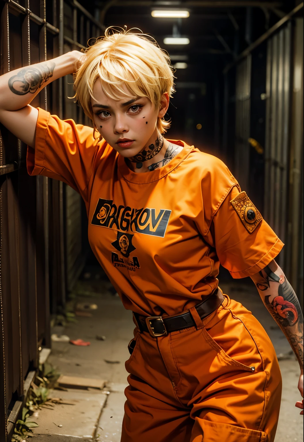 Woman with short hair with blonde tips, brown eyes, orange clothes, tattooed arm, angry expression, prison background, piercing all over her face