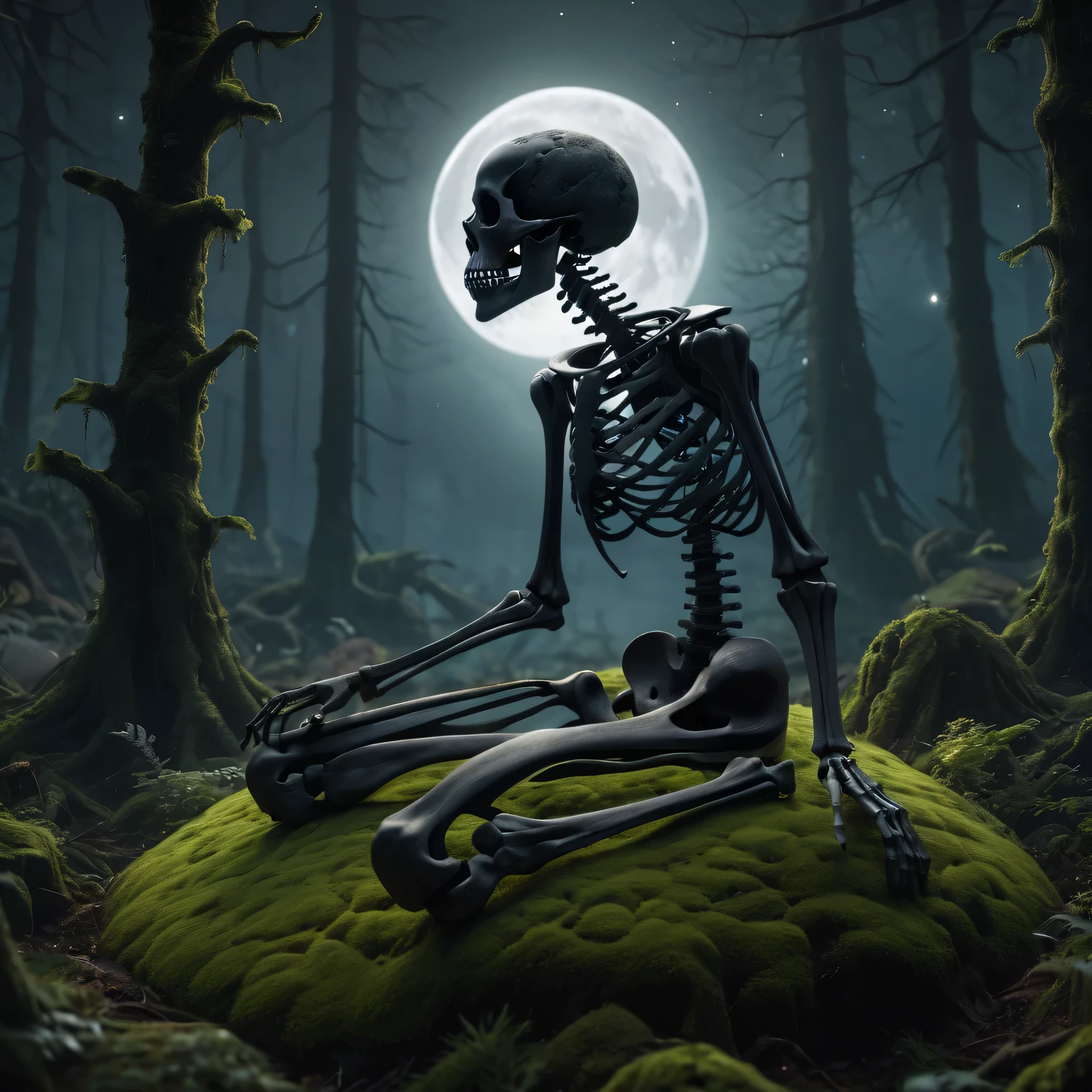 (Best Quality,4K,8K,hight resolution,masutepiece:1.2),Ultra-detailed,realistic black metallic skeleton,universe,fullmoon,planet,A meditative,dead body,passion:1.2,forest,mosses