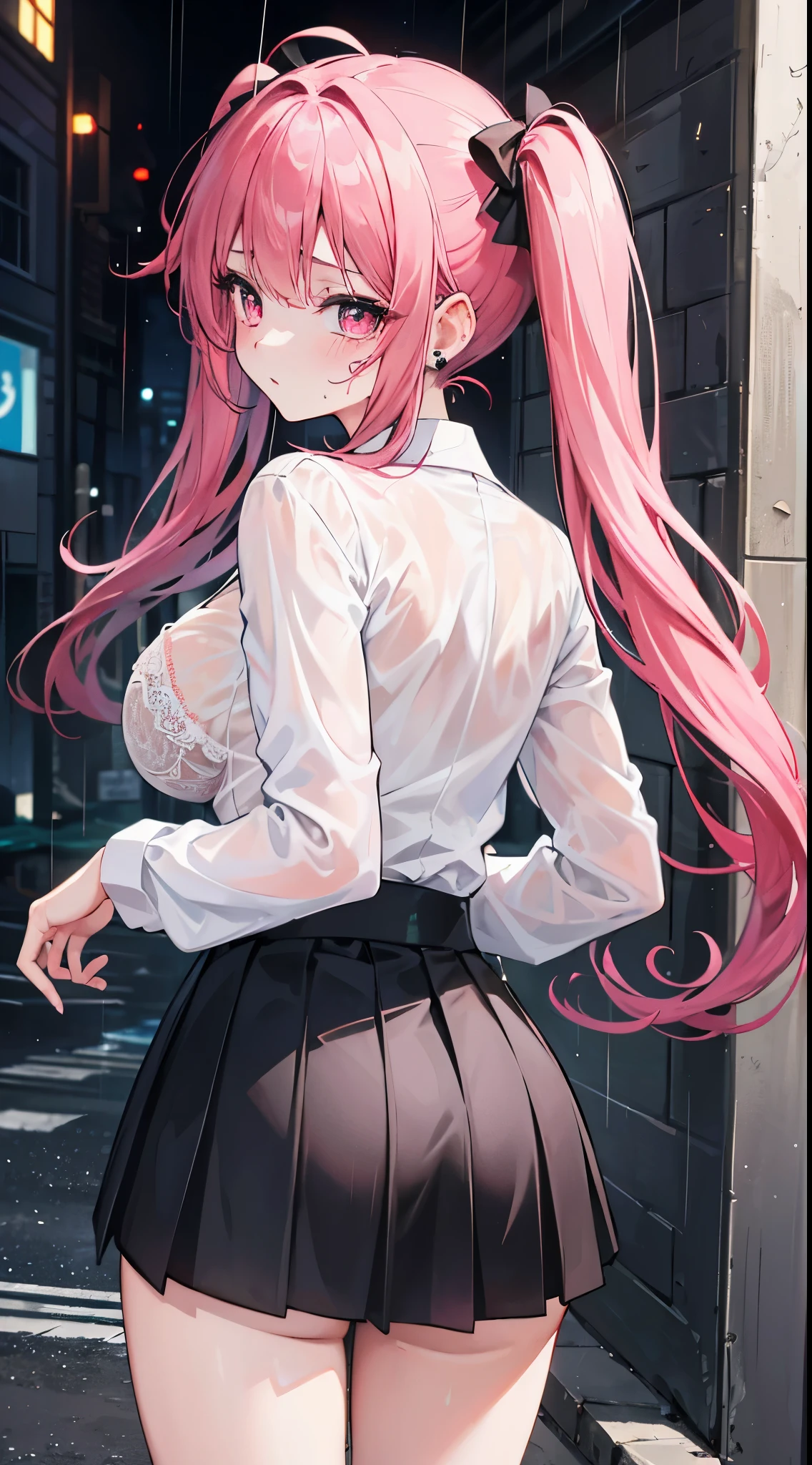 (8K、Top image quality、top-quality、masterpiece)、A detailed face、1 girl in、A pink-haired、((twintails))、Pink eyes、piercings、cry、shed tears、large full breasts、white shirt、((Bra visible through clothes))、((wet clothes))、Black pleated skirt、((a miniskirt))、thighs、cowboy shot、((Rain shakes))、Wet asphalt、((Back alley background at night))