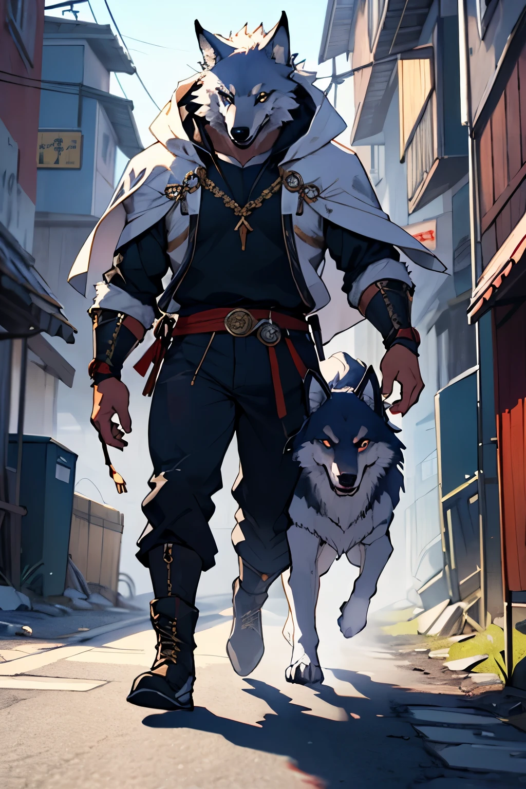 Design a wolf with sharp eyes walking in front, Kingly style