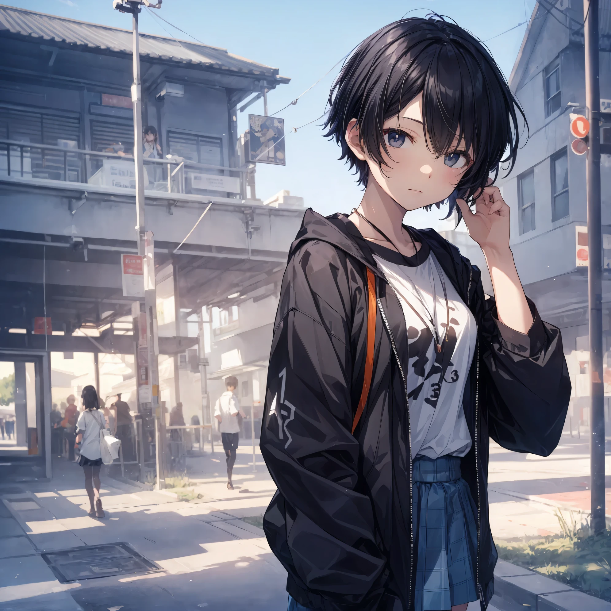 Super high quality by the art god, Ultra-detailed, High resolution, Shinkai Makoto style, anime moe art style, best anime 8K konachan wallpaper, Pixiv Contest Winner, Perfect Anatomy, BREAK,(Please draw a sleepy girl going to school alone.. ),BREAK, a hyperrealistic schoolgirl, (Solo,Lori,,13yea:1.3),Full limbs, complete fingers,a junior gynous attraction, (Very short hair), hair messy, flat chest, Small butt, groin, Small eyes,Beautiful detailed black eyes, Well-proportioned iris and pupils, disgusted eye, High resolution detailed hair, School uniform, Skirt, On the way to school. BREAK,Ultra-detailed細なスキン, Best lighting by famous artists, 8K, Illustration,