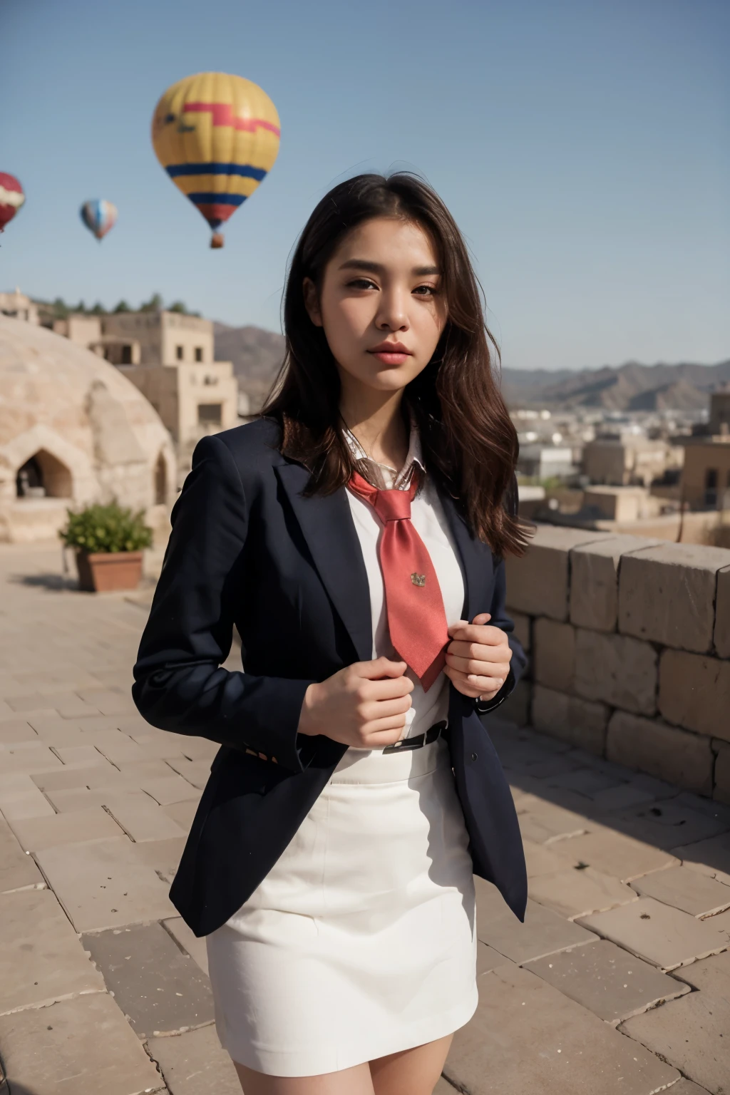 hyper realism 32K image resolution long shot angle portrait 23 years old, elegant men Korean straight hair smart attire stand besides with beautiful korean woman hijabist smart dress up dark navy blue blazer, blue necktie, style same face Cha Eun woo stand aside Cappadocia, Turkiye golden hot balloon air at the warm sky polaroid (no blur motion blur background) style blue and red color high saturation images with lens Fujinon Premista80-250mm T2.9-3.5 Large-Format Zoom Lens (PL) combines with Leica Noctilux-M 50mm f/1.2 ASPH. Lens mount Type, f/1.2, 49mm--q5 - negative prompts Depth of Fields