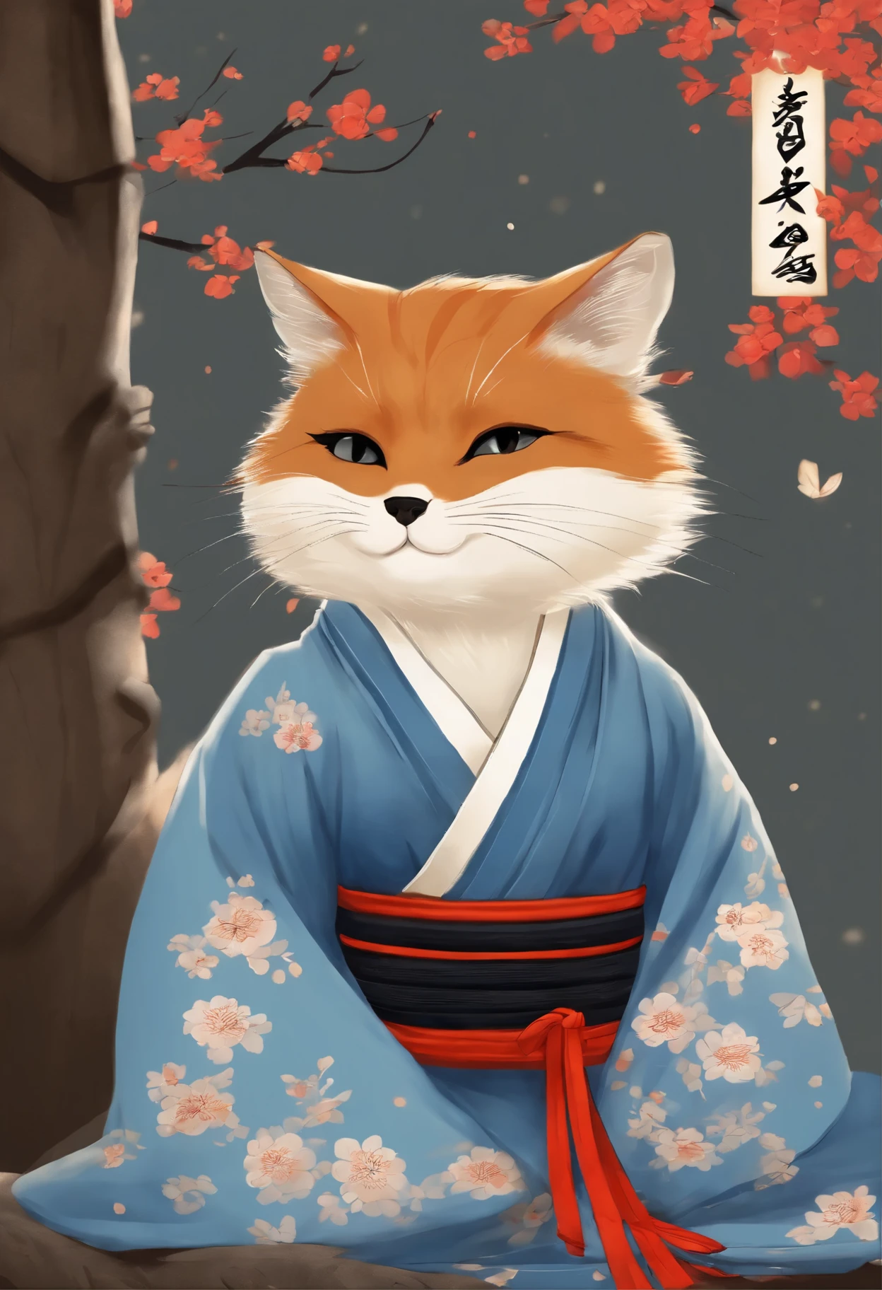 Painting of a cat in a kimono, sitting on a tree, Anime Cat, Samurai cat, inspired by Koson Ohara, inspired by Ohara Koson, realistic Anime Cat, inspired by Tōshūsai Sharaku, Japanese Art Style, Monk Tabaxi, anthropomorphic cat ninja, neko, Kitsune, fox nobushi