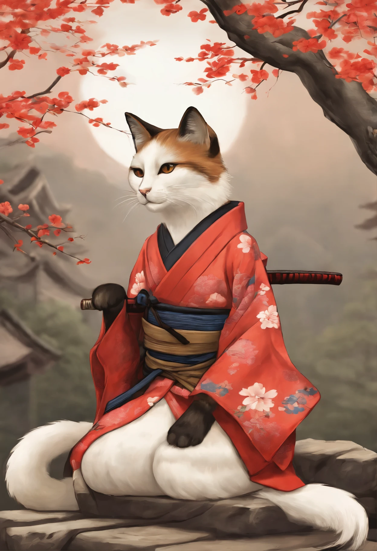 Painting of a cat in a kimono, sitting on a tree, Anime Cat, Samurai cat, inspired by Koson Ohara, inspired by Ohara Koson, realistic Anime Cat, inspired by Tōshūsai Sharaku, Japanese Art Style, Monk Tabaxi, anthropomorphic cat ninja, neko, Kitsune, fox nobushi