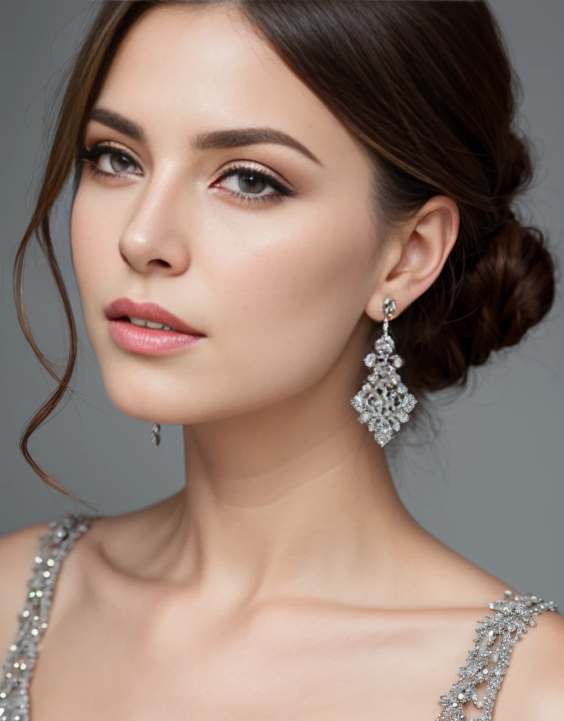 (masterpiece, best quality), intricate details, realistic, photorealistic, a close up of a woman wearing earrings, inspired by Emma Andijewska, draped in crystals, silver color, long earrings, sandra chevier, huge earrings, 2019, blue-eyed, platinum jewellery, earring, flawless structure, silver earring,