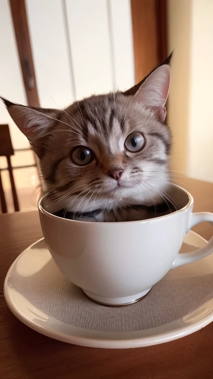 white grey with Round Pupils, (Himalayan), (Small)))), in a teacup, Face, Front paws out, 8K, Professional photo, Delicate, Clear, On the table, Inside the house, Sunshine, Light Leak, Masterpiece, ((Pretty))), Fashionable Teacup, (Reality), Plush Toy, Round Pupils