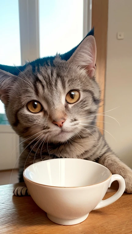 white grey with Round Pupils, (Himalayan), (Small)))), in a teacup, Face, Front paws out, 8K, Professional photo, Delicate, Clear, On the table, Inside the house, Sunshine, Light Leak, Masterpiece, ((Pretty))), Fashionable Teacup, (Reality), Plush Toy, Round Pupils