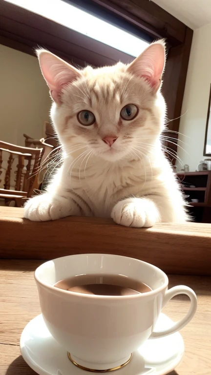white grey with Round Pupils, (Himalayan), (Small)))), in a teacup, Face, Front paws out, 8K, Professional photo, Delicate, Clear, On the table, Inside the house, Sunshine, Light Leak, Masterpiece, ((Pretty))), Fashionable Teacup, (Reality), Plush Toy, Round Pupils