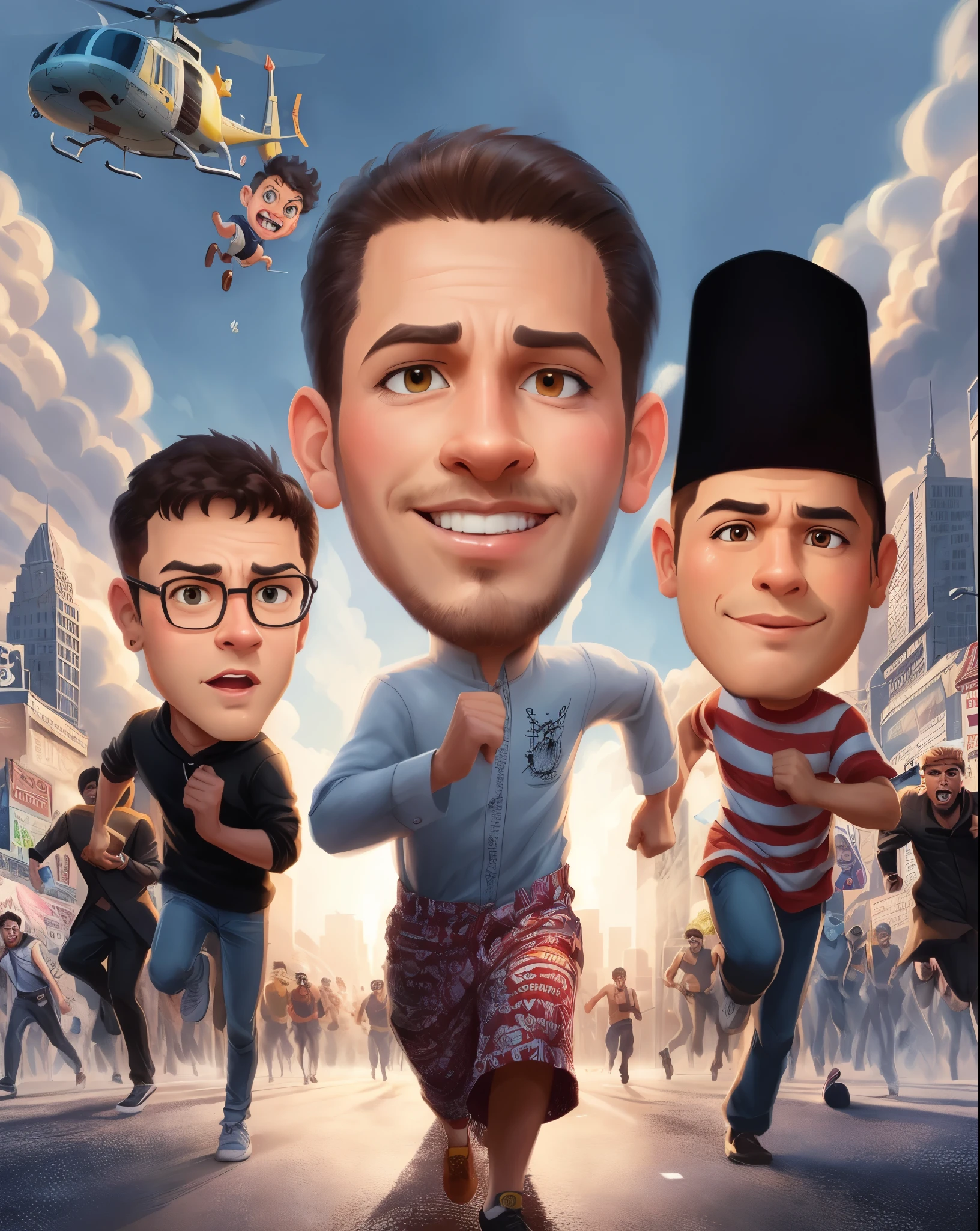 cartoon characters of a man and two boys running in a street, Being chased by demonstrators, and above there is a helicopter that wants to save the person, caricature illustration, caricature style, cartoon artstyle, in cartoon style, cartoon digital painting, cartoon portrait, style of cartoon, official fanart, digital cartoon painting art, caricature!!!, cartoon digital art, cartoon style illustration, movie artwork, epic portrait illustration, caricature, movie promotional image, digital art cartoon