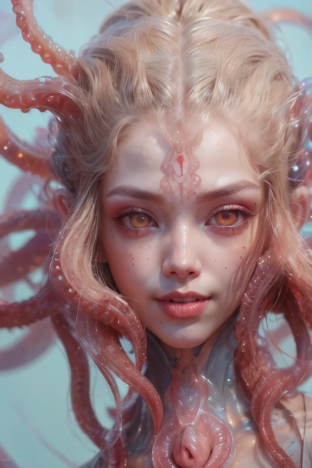 Portrait, (beautiful female alien:1.2),  (There is a female genital-like organ in the middle of the forehead:1.8), (The most beautiful face in the history of the universe:1.2), (Scarlet eyes that shine mysteriously:1.6), (Translucent skin:1.8), (every hair is a translucent tentacle:1.5), an evil gaze that seduces, (red eyes:1.5), (large mouth:1.1), sharp teeth like a shark, Full body like, (bio luminescent:1.2), (Smile wickedly:1.3),  (sexypose:1.5), alien, No humans, cells are fused, (Lots of translucent tentacles:1.1) (Translucent skin:1.3), extraterrestrial, cell, bio image, Best Quality, 8K,4K_quality, High Definition, Dramatic Lighting, masutepiece:1.5,cinematic quality, detail up, (Intricate details:1.2), High resolution, High Definition, drawing faithfully, (Thick eyebrows:1.2), Beautiful eyes with fine symmetry, (Ultra detailed eyes:1.2),(Highly detailed face and eyes:1.2), (High-resolution red-eye:1.4), Intimate face, (Super detailed skin quality feeling:1.4), Perfect Anatomy,  (Beautiful toned body:1.5),  (Moist skin:1.2), No makeup, (dark circles:1.1), long canines, cinematic drawing of characters, ultra high quality model, cinematic quality, detail up, (Intricate details:1.2), High resolution, High Definition, drawing faithfully, Official art, Unity 8K wall  , 8K Portrait, Best Quality, Very High resolution, ultra detailed artistic photography, midnight aura,  unreal enginee 5, Ultra Sharp Focus, art by alberto seveso, ArtGerm, Roisch, intricate artwork, best quality, masutepiece, ultra High resolution, (photos realistic:1.4), Ultra-realistic realism, dream-like, nautilus, Creation of fantasy, Snail, Dream Snail,  biopunk nautilus, Thrilling color schemes, Ultra-realistic realism, seductively smiling, Blue tentacles, small breast, (beautiful nipples:1.2),