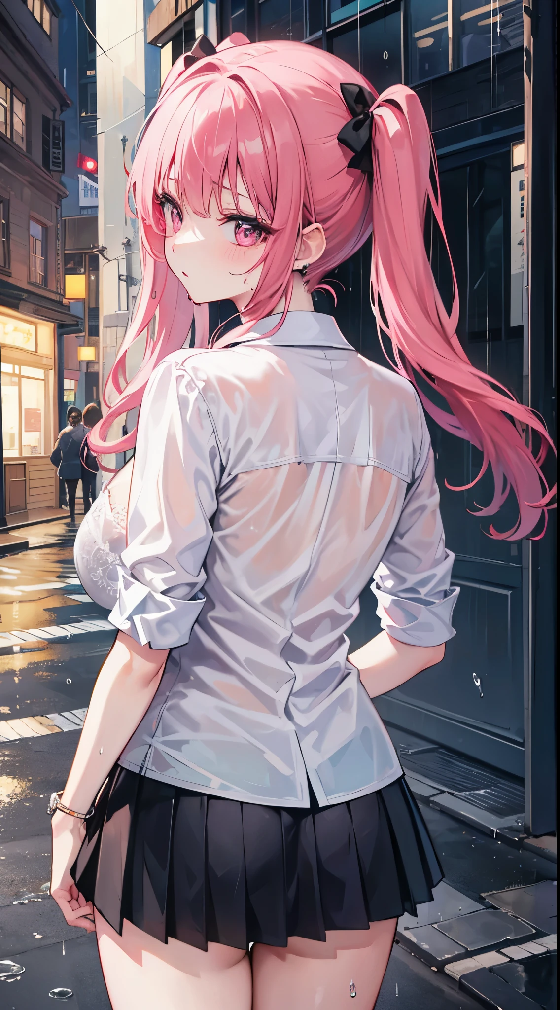 (8K、Top image quality、top-quality、masterpiece)、A detailed face、1 girl in、A pink-haired、((twintails))、Pink eyes、piercings、cry、shed tears、large full breasts、white shirt、((Bra visible through clothes))、((wet clothes))、Black pleated skirt、((a miniskirt))、thighs、cowboy shot、((POV))、((Rain shakes))、Wet asphalt、((Back alley background at night))