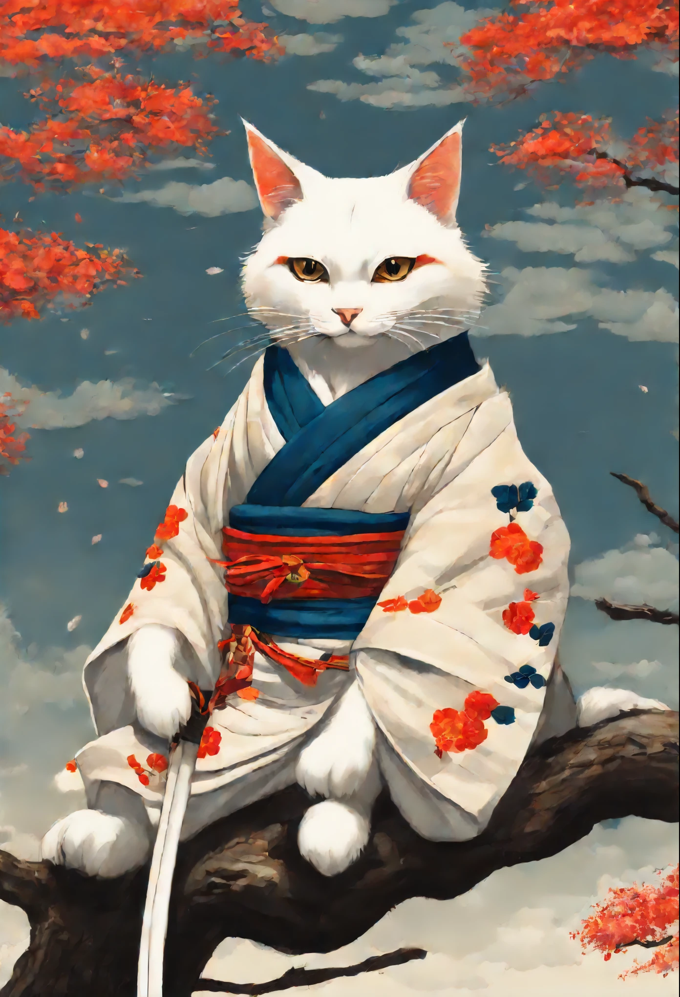 Painting of a cat in a kimono, sitting on a tree, Anime Cat, Samurai cat, inspired by Koson Ohara, inspired by Ohara Koson, realistic Anime Cat, inspired by Tōshūsai Sharaku, Japanese Art Style, Monk Tabaxi, anthropomorphic cat ninja, neko, Kitsune, fox nobushi