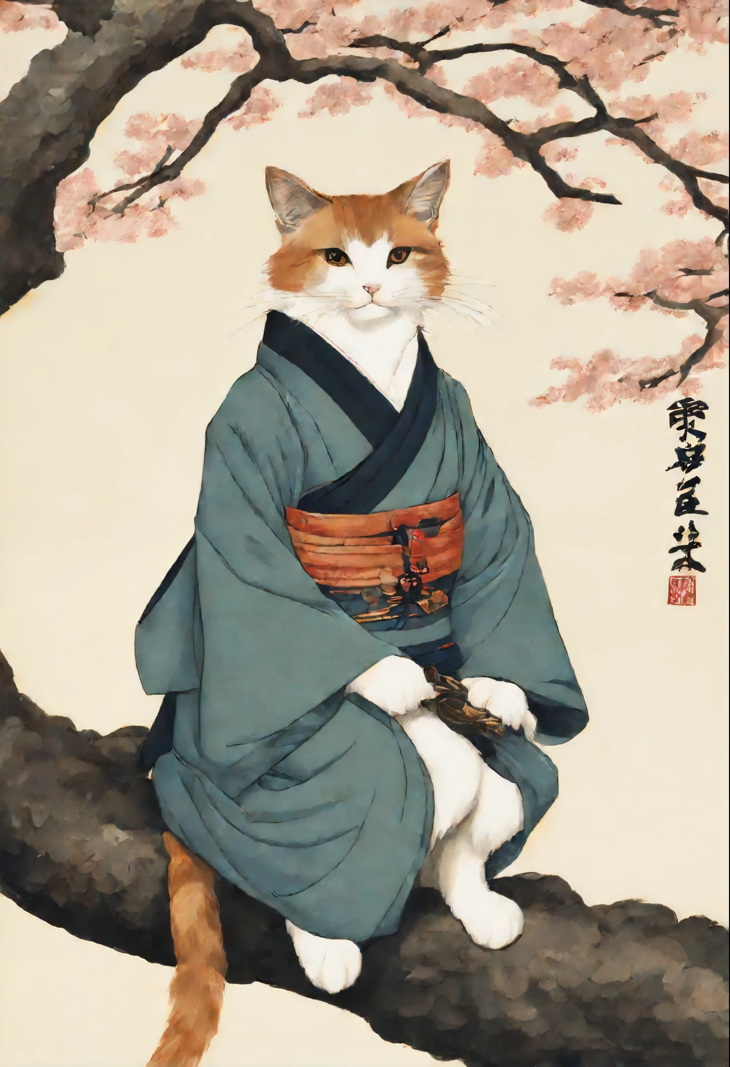 Painting of a cat in a kimono, sitting on a tree, Anime Cat, Samurai cat, inspired by Koson Ohara, inspired by Ohara Koson, realistic Anime Cat, inspired by Tōshūsai Sharaku, Japanese Art Style, Monk Tabaxi, anthropomorphic cat ninja, neko, Kitsune, fox nobushi