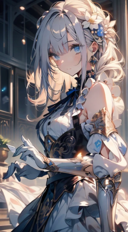 Official art, ヨーロッパのmasterpiece女性,, pale silver hair , azure eyes, (masterpiece、top-quality、hight resolution: 1.4),in 8K, Anime Art Nouveau, highly detailed exquisite fanart, anime fantasy illustration, clean detailed anime art, detailed anime art, sharp focus of a person, Delicate Beautiful Hair and Eyes and Face, realisitic, ultra-detailliert, Flower Garden,((Delicate, delicate and cute hands)),((elegant shiny dress)),((Lots of races)),((lots of ruffles)),((lots of ribbons))