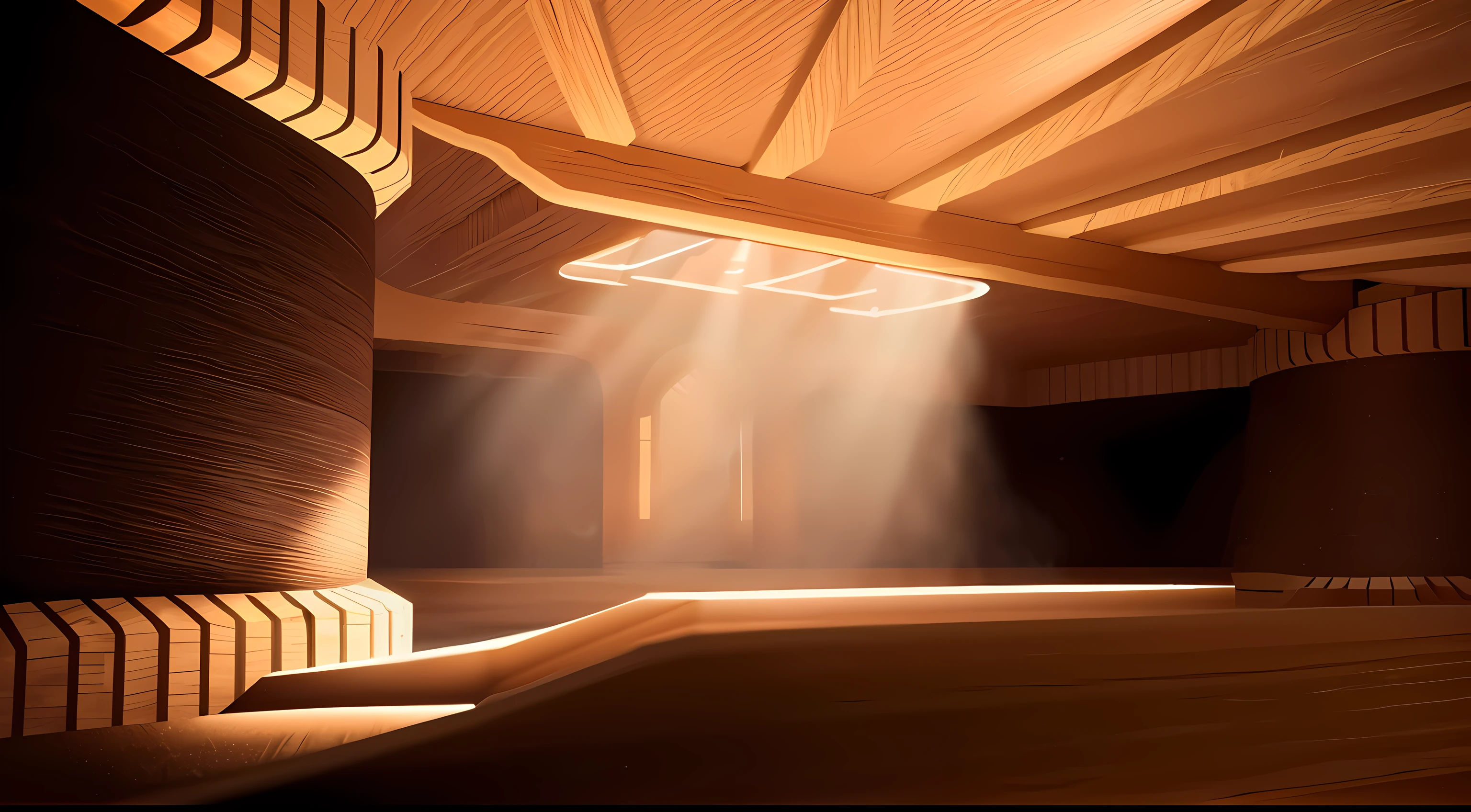 there is light passing through it, warm lighting inside, diffuselighting, dramatic diffuselighting, Volumetric light from below, in volumetric soft glowing mist, stunning volumetric light, Brown ambient light, Komuro. hyper realisitc, detailed ambient lighting, Warm volume lighting, Volumetric interior lighting, low volume light