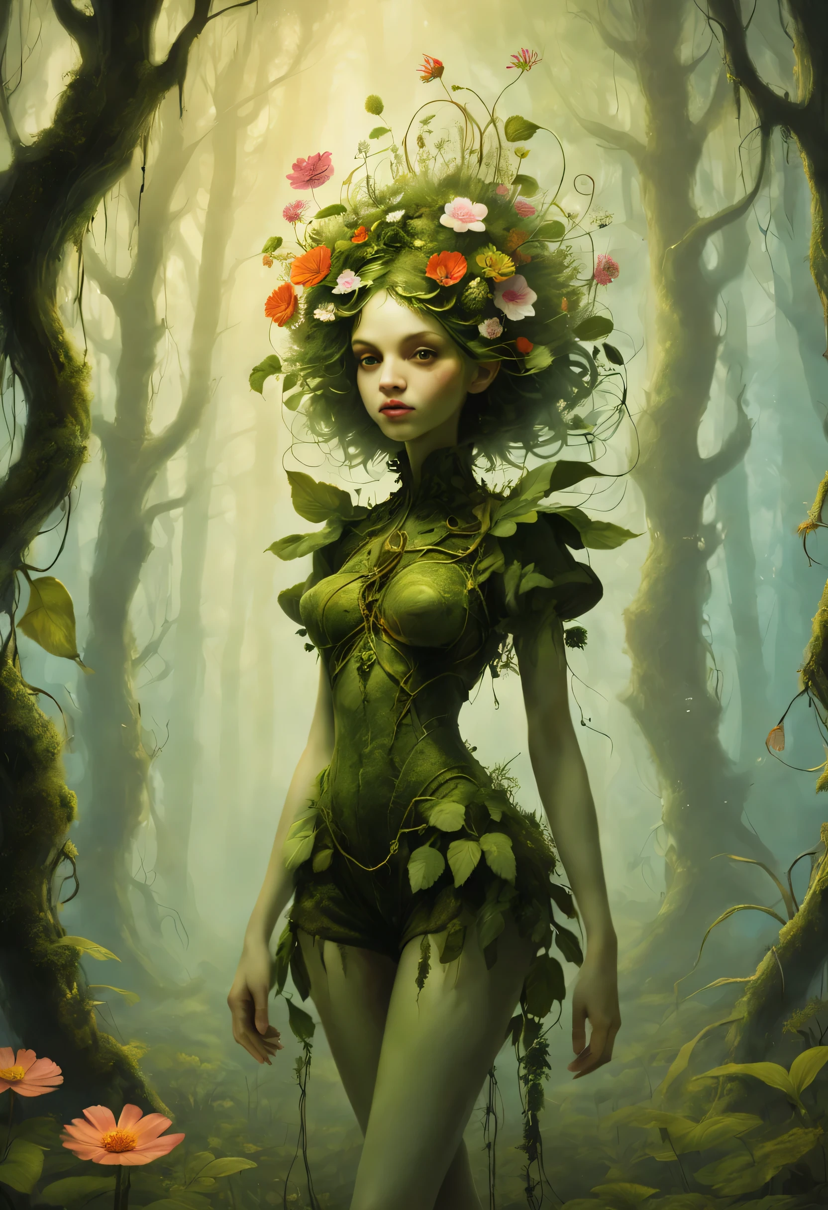(best quality,4k,8k,highres,masterpiece:1.2),ultra-detailed, beautiful seductive Dryad in a suburban backyard garden, AubreyPlaza, tree woman, plant woman, plant flesh, green dryad, green skin, hair made of pink flowers, glowing green eyes, sensual smile, seductive pose, erotic pose, seethru, HDR, 8k, absurdres, cinestill 800, sharp focus, add_detail:2, (solo, woman)