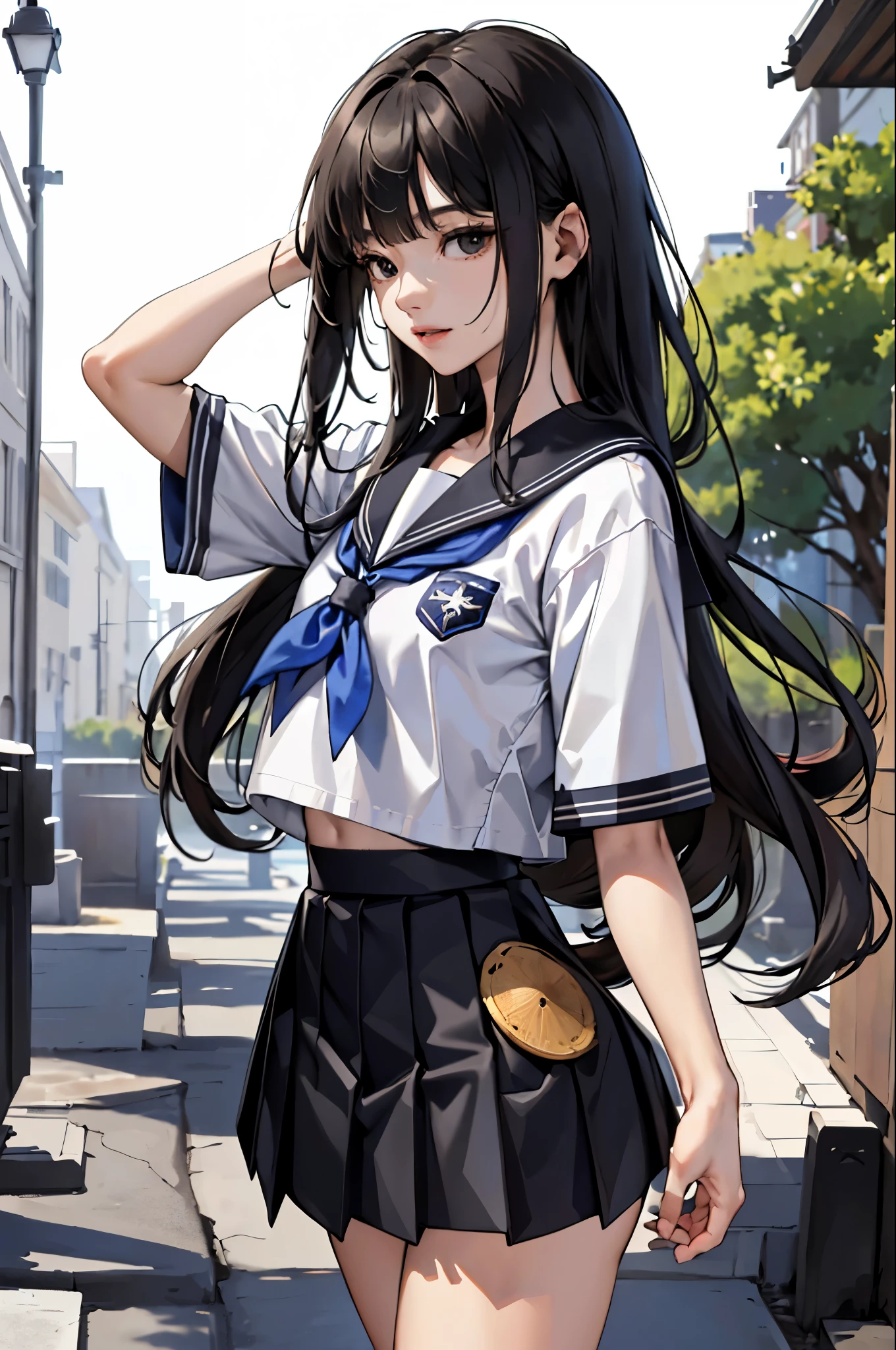 (Official art、Best Quality、Unity 8k Wallpapers、32K、 masterpiece、ultra-detailliert、High resolution,Perfect Anatomy),(natural soft light:1.2),Detailed beautiful face and eyes,cowboy shot,(focus 1woman,solo),18-year-old beauty、japanes, black hair,long hair,blunt bangs,black eyes,(smaller head:1.4, ideal ratio body proportions:1.5,skinny:1.2,t small breasts:1.2),(School uniform:1.3、shortsleeves、a sailor suit、pleated mini skirt)、outside of house、Mileland、