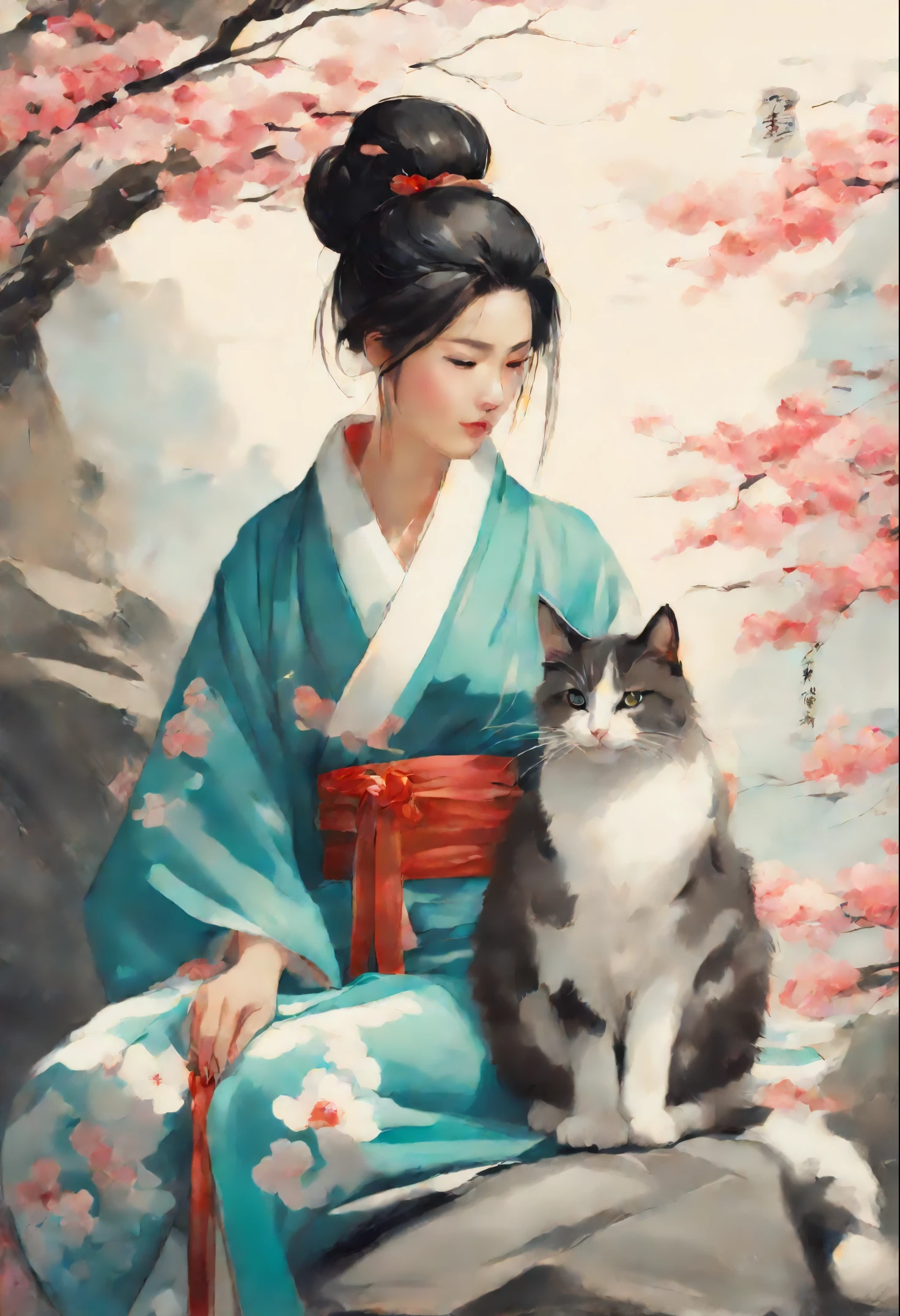 a painting: woman in kimono, sitting on a stone with a cat, beautiful character painting, haruno sakura, artwork in the style of guweiz, inspired by Guan Daosheng, inspired by Bian Shoumin, inspired by Zhibai, the non-binary deity of spring, Japanese Art Style, heise jinyao, High Quality Portrait