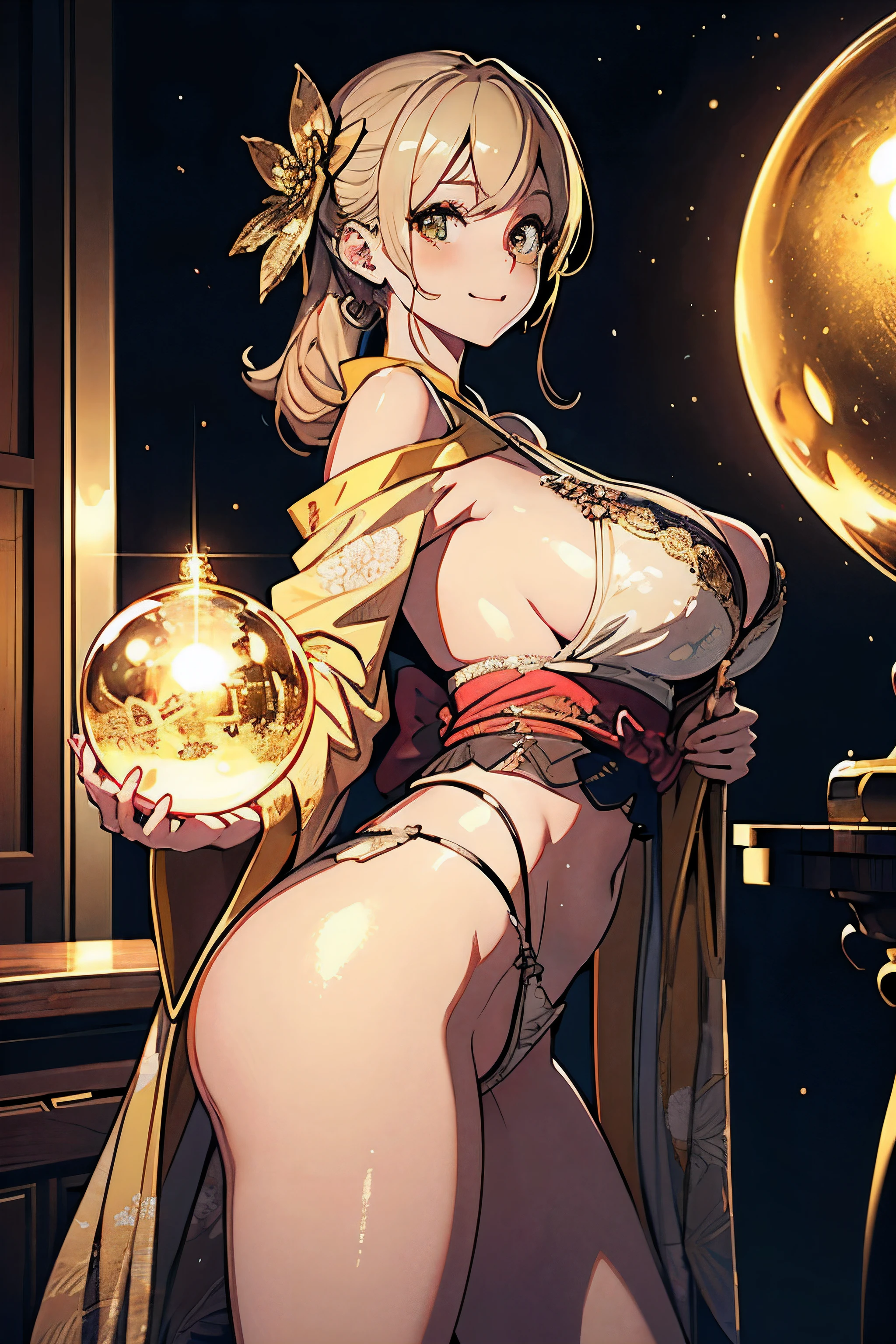 (masterpiece1.5),hyper quality, Hyper Detailed,Perfect drawing,1girl in,((very Bigger breasts)),kawaii ,Beautiful kimono with a smile))),(Beautiful lingerie),(((Luxury kimono))). (((Shiny giant golden sphere))),Ass,buck,booth,。.。.。.3D,16K illustrations,((clearface)),Hi-Res,nice background、(((beatiful backgrounds)))、(((Detailed drawing)))、Perfect Beautiful Girl、(((Perfect Photo)))、kirakira、shiny、a gorgeous、high-class sense