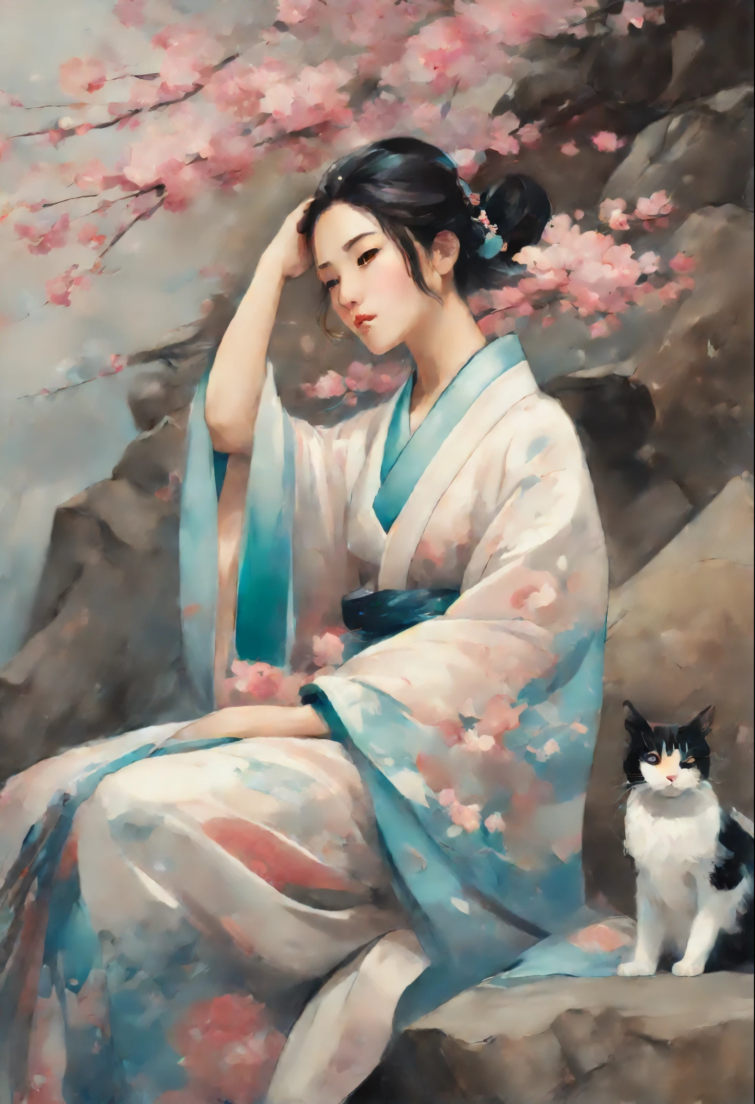 a painting: woman in kimono, sitting on a stone with a cat, beautiful character painting, haruno sakura, artwork in the style of guweiz, inspired by Guan Daosheng, inspired by Bian Shoumin, inspired by Zhibai, the non-binary deity of spring, Japanese Art Style, heise jinyao, High Quality Portrait