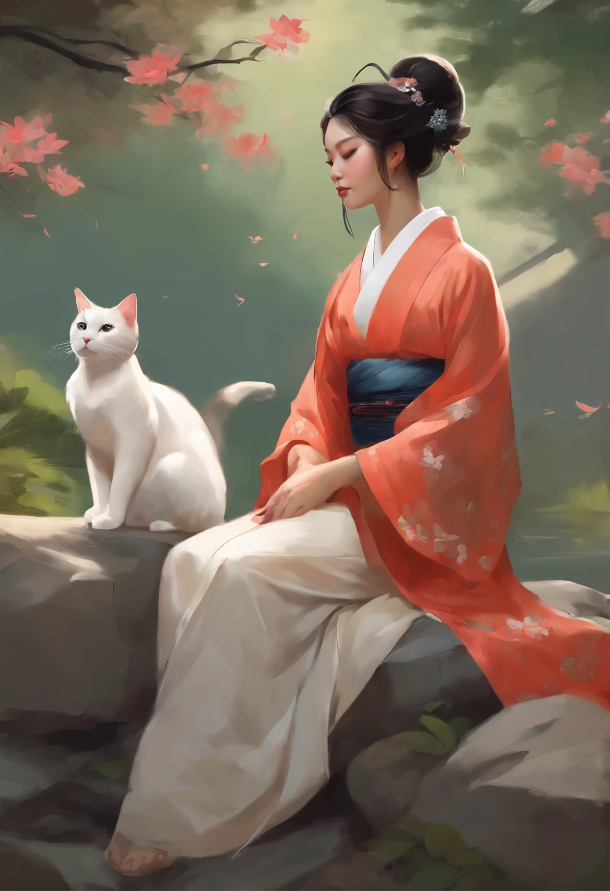a painting: woman in kimono, sitting on a stone with a cat, beautiful character painting, haruno sakura, artwork in the style of guweiz, inspired by Guan Daosheng, inspired by Bian Shoumin, inspired by Zhibai, the non-binary deity of spring, Japanese Art Style, heise jinyao, High Quality Portrait