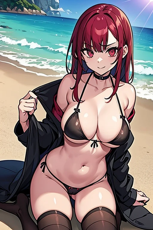 make a goth girl with red hair having sex in a bikini on the beach in just a bra and no panties