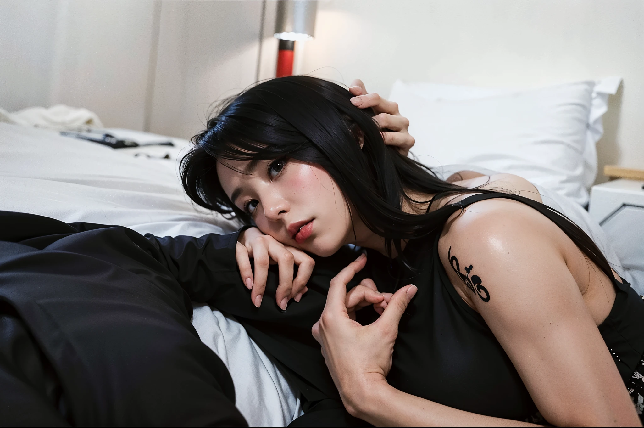 There is a woman sitting on a bed with a man behind her, ulzzang, Ella tiene el pelo negro con flequillo, Jinyoung Shin, Taejune Kim, foto de perfil, de chica taiwanesa con tatuajes, Asian girl, Xision Wu, Arte realista, suave en _ Los antecedentes, con el pelo largo, El Corte Hime, Cabello largo y negro con flequillo
