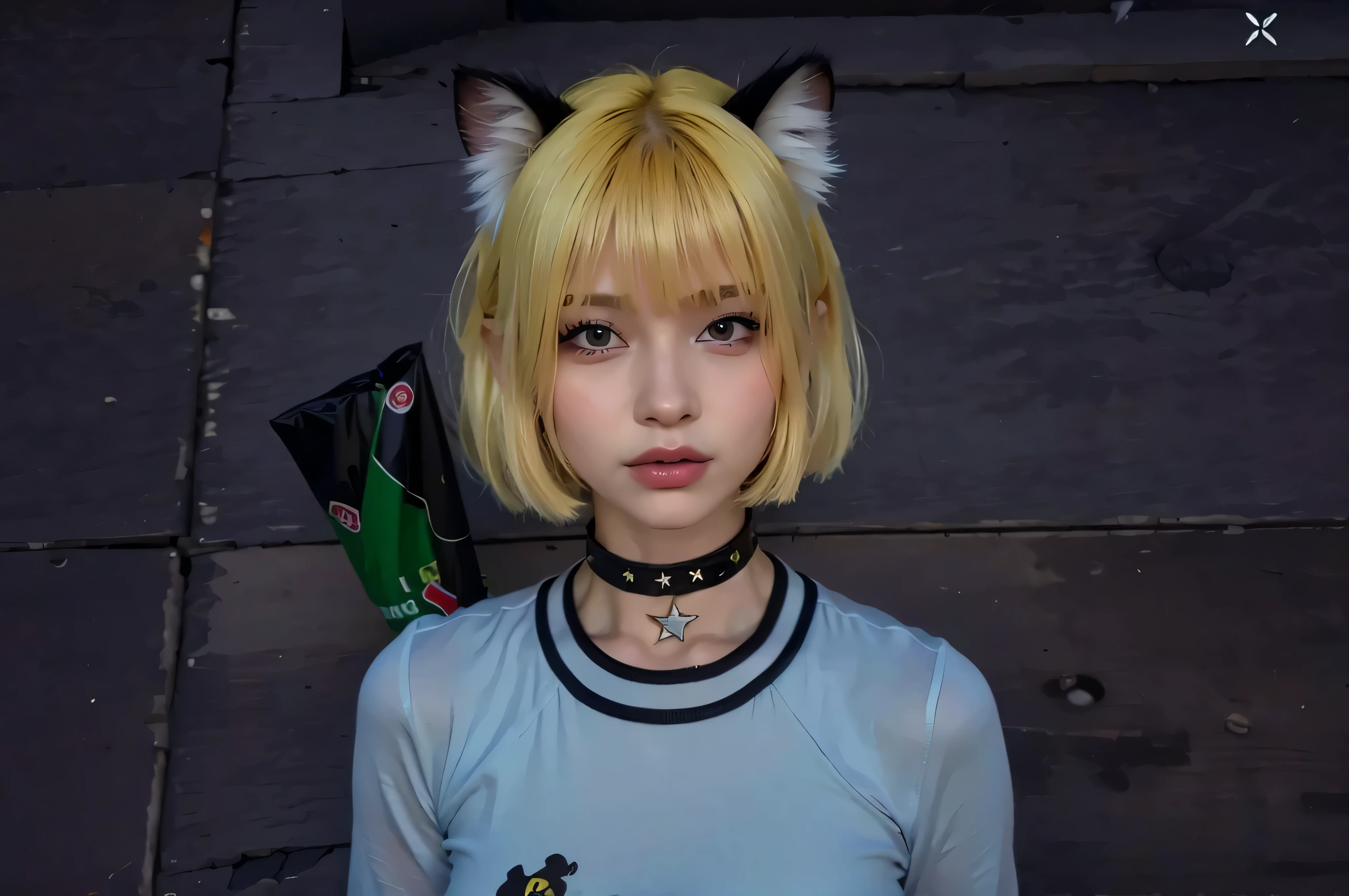 (8k, RAW photo, best quality, masterpiece:1.2), (realistic, photo-realistic:1.37),((1girl)),portrait,float hair, professional lighting, photon mapping, radiosity, physically-based rendering, lens 135mm, f1.8,
close-up, short white t-shirt, beautiful lips, red eyes, red softlens, beautiful smile, half body, makeup, eyeshadow, badhandsv5-neg (RAW photo, best quality), (realistic, photo-realistic:1.2), 1girl, high quality, (high detailed skin:1.4), puffy eyes, gorgeous hair, , (dark room:1.3), (rim lighting:1.3), (dimly lit:1.3), (dark night:1.3), blonde hair, dark background, short hair, cat ears, choker necklace, choker necklace with star dangle,