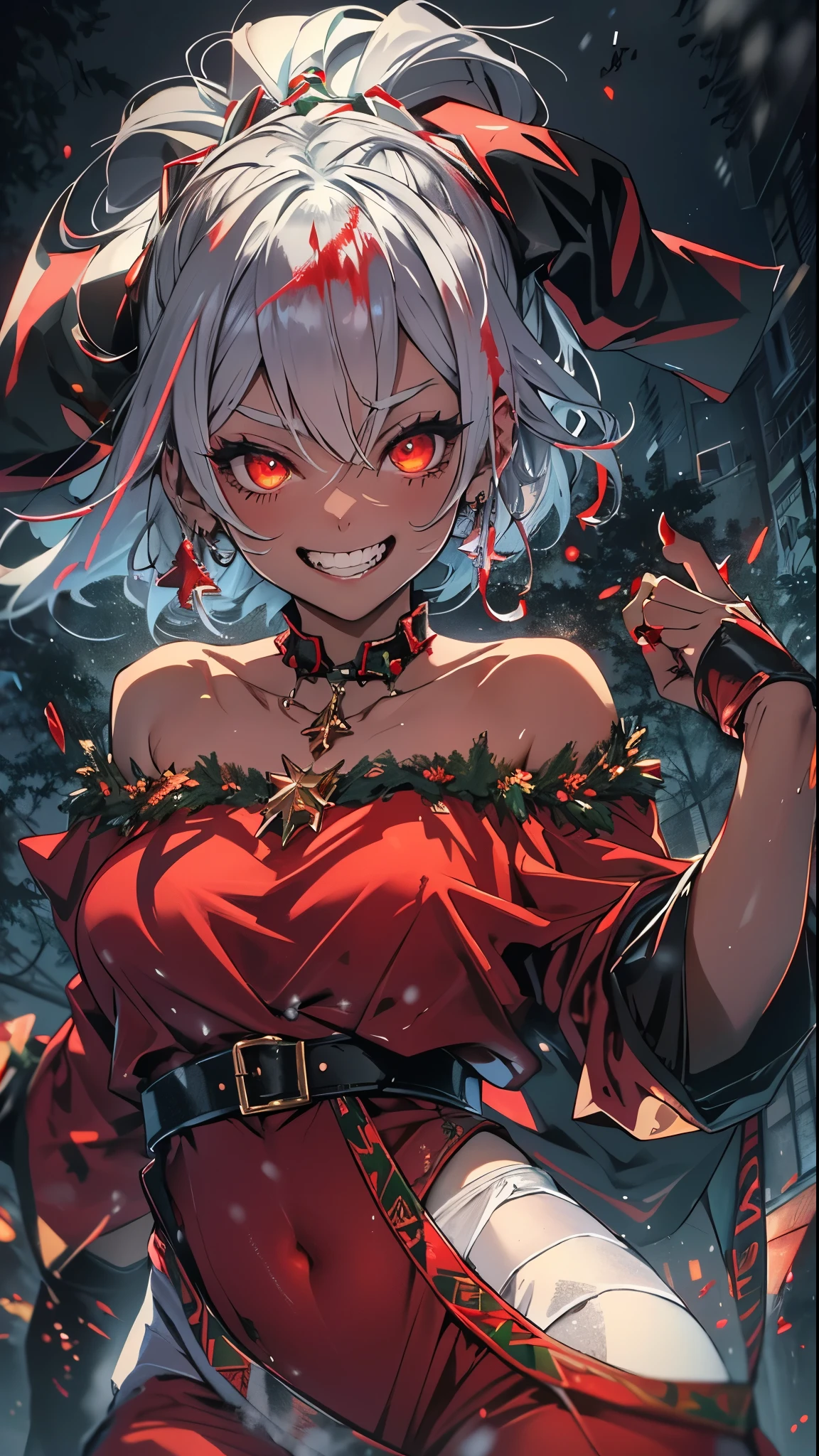 Christmas T7 tomato_741#0 1girl, dark skin, at midnight, large breasts, solo, night, ((bloody christmas)), black hot pants, black crop top, (((santa jacket))), Short hair, (floating hair), navel, red eyes, off shoulder, choker, evil grin, jewelry, looking at viewer, earrings, open clothes, white hair, cleavage, evil smile, midriff, bare shoulders, collarbone, sleeveless, tanned skin, shiny body, shiny skin, darkness, light rays, sparkle, dark skin, at midnight, heavy blood rain, return blood, glowing red eyes, night, ((blood)), blood splatter, gang, Blood Splash, horror, (((glowing red moon))), blood rain, dark, full of blood, ((red moon)), bathe in blood, blood is falling, blood on body, blood on face, blood flying, bathe in blood, bloody, gang girl, (((christmas tree))), ((glow light:1.4)), ((lens flare:1.4)), ((light particles:1.4)), ((iridescent light:1.3)), (bokeh:1.2), gift box, ((chrismas snow)), lamppost, ((snow)), ((christmas)), (((red sclera))), (((((low angle))))), (professional lighting), (((((from below))))), (((((sleeves past wrists))))), ((((crazy smile)))), Shiny skin,