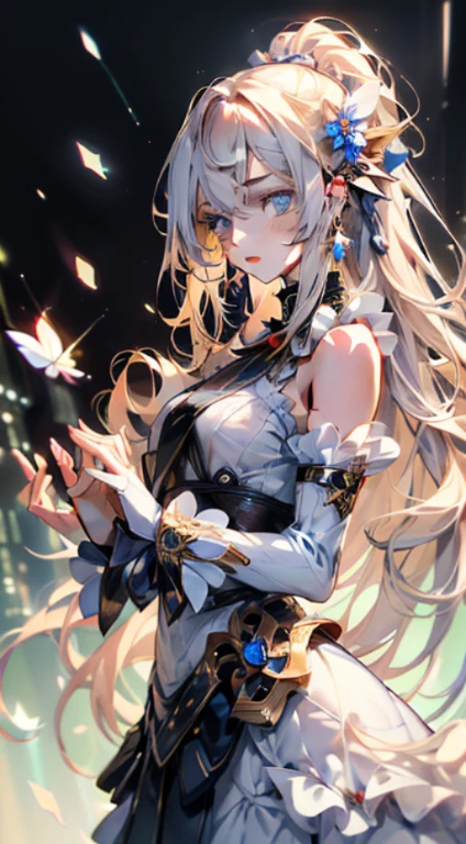 Official art, ヨーロッパのmasterpiece女性,, pale silver hair , azure eyes, (masterpiece、top-quality、hight resolution: 1.4),in 8K, Anime Art Nouveau, highly detailed exquisite fanart, anime fantasy illustration, clean detailed anime art, detailed anime art, sharp focus of a person, Delicate Beautiful Hair and Eyes and Face, realisitic, ultra-detailliert, Flower Garden,((Delicate, delicate and cute hands)),((elegant shiny dress)),((Lots of races)),((lots of ruffles)),((lots of ribbons))