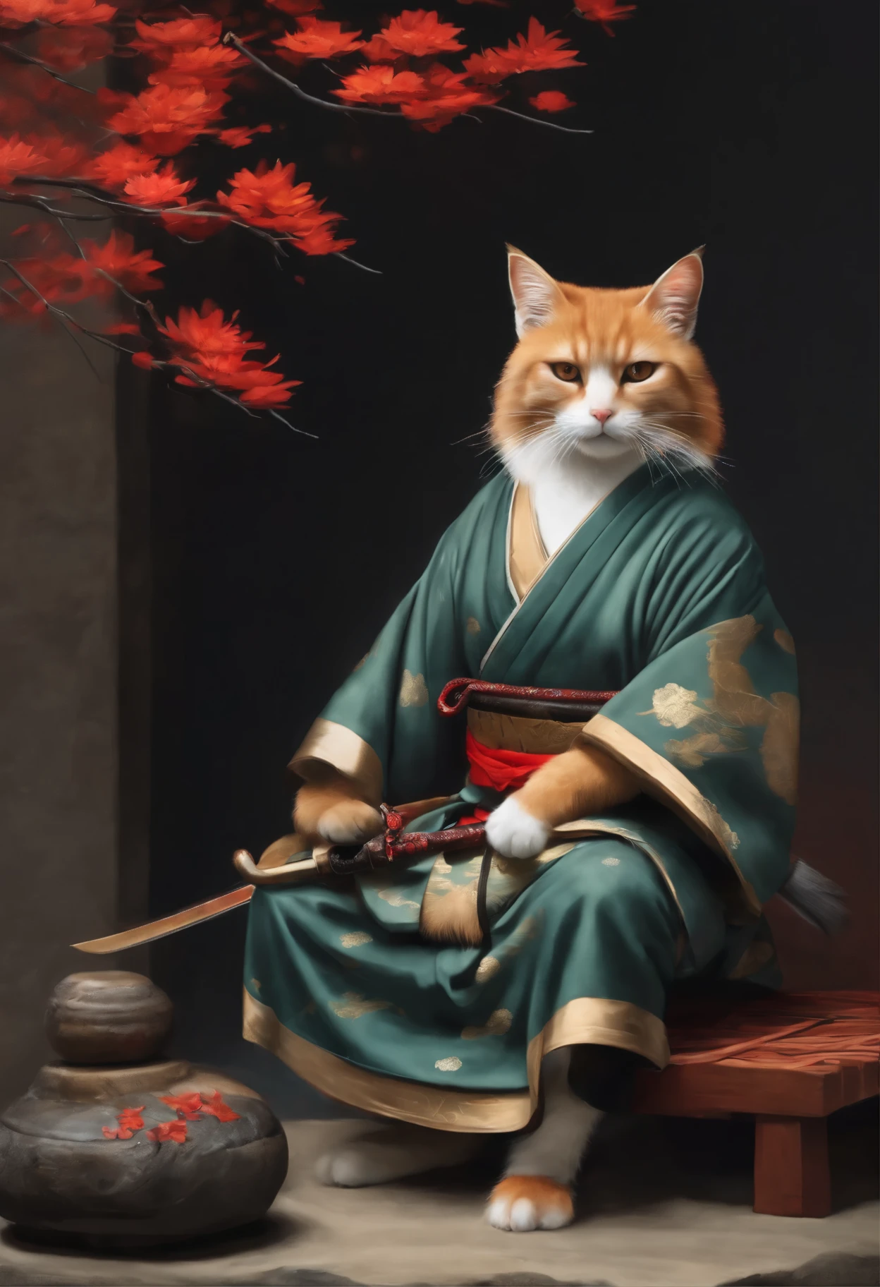 painting of a cat in a kimono, sitting on a stone, samurai cat, anthropomorphic cat ninja, feudal japan art, fox nobushi holding a naginata, inspired by Koson Ohara, Anime Cat, Monk Tabaxi, very very beautiful furry art, fox nobushi, realistic Anime Cat, samurai, Japanese Art Style