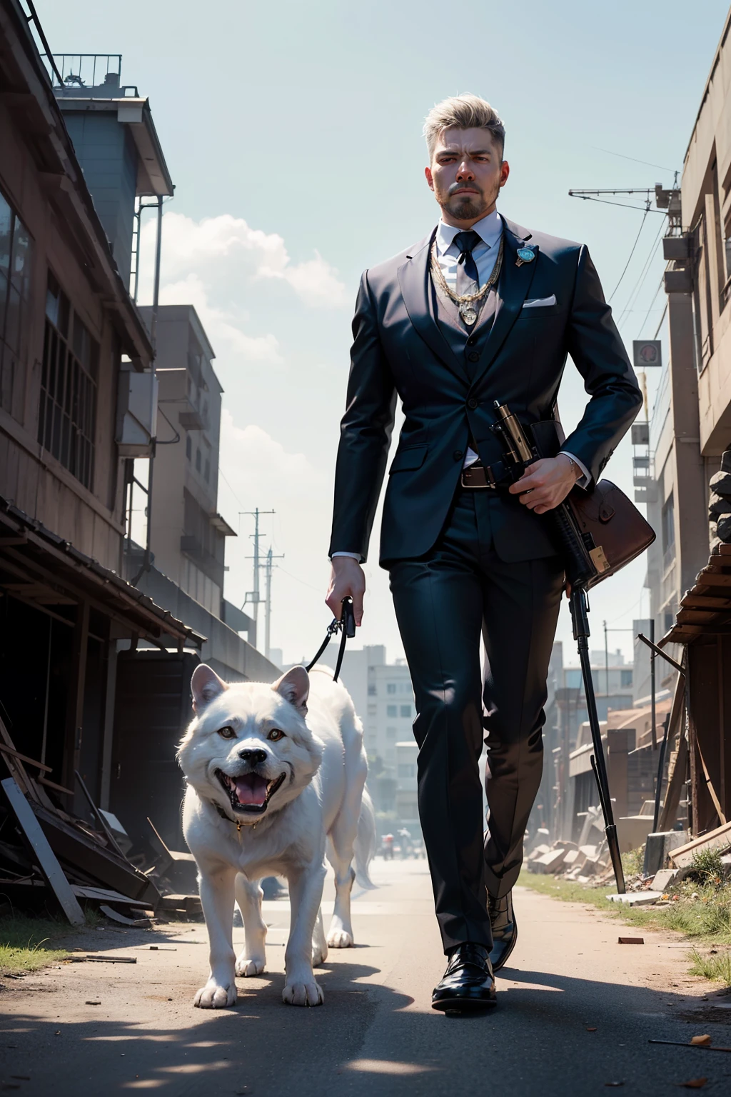 Design a silver-white wolf with sharp eyes walking in front, Kingly style,Wearing a bad dark purple suit,Add two thick gold necklaces,Holding an M16 rifle in his right hand,The left hand is holding a dark brown bulldog with a fierce expression.,The ruins of the factory are in the background