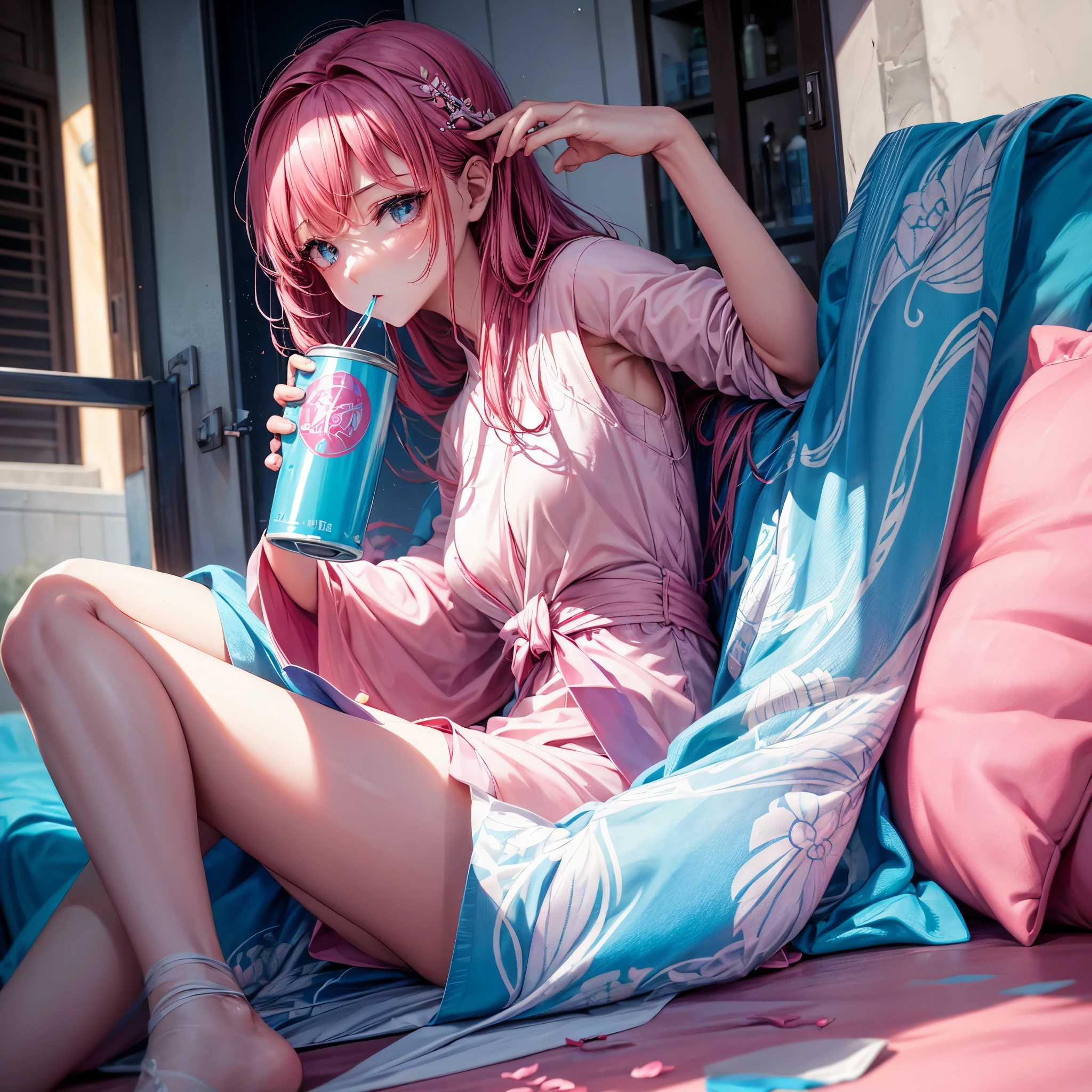 Elegant woman Drinking from a pink and blue can at home, inside the can、 "By oneself" It is written there, Drinking, Duan, Laid back, Be red in the face, glinting, unwind, slightly drunk, productphoto