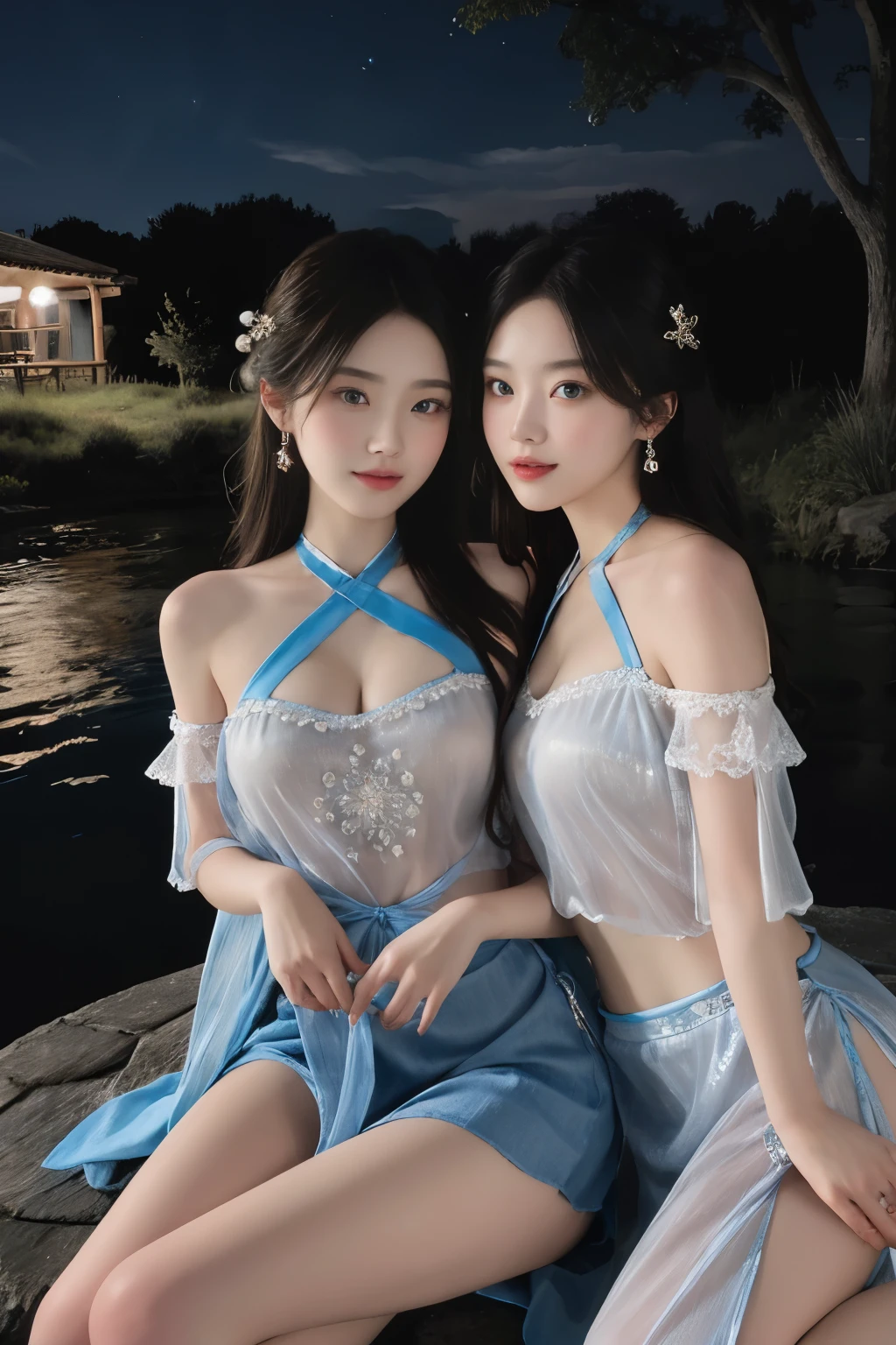((Ultra Long Exposure Photography)) high quality, highly detailed, a stunningly photorealistic closeup portrait of two beautiful women, intricate detailed eyes,,open shoulders,skirtlift,where two mysterious women sits by the edge of a pond, capturing a romantic atmosphere under the starry sky.