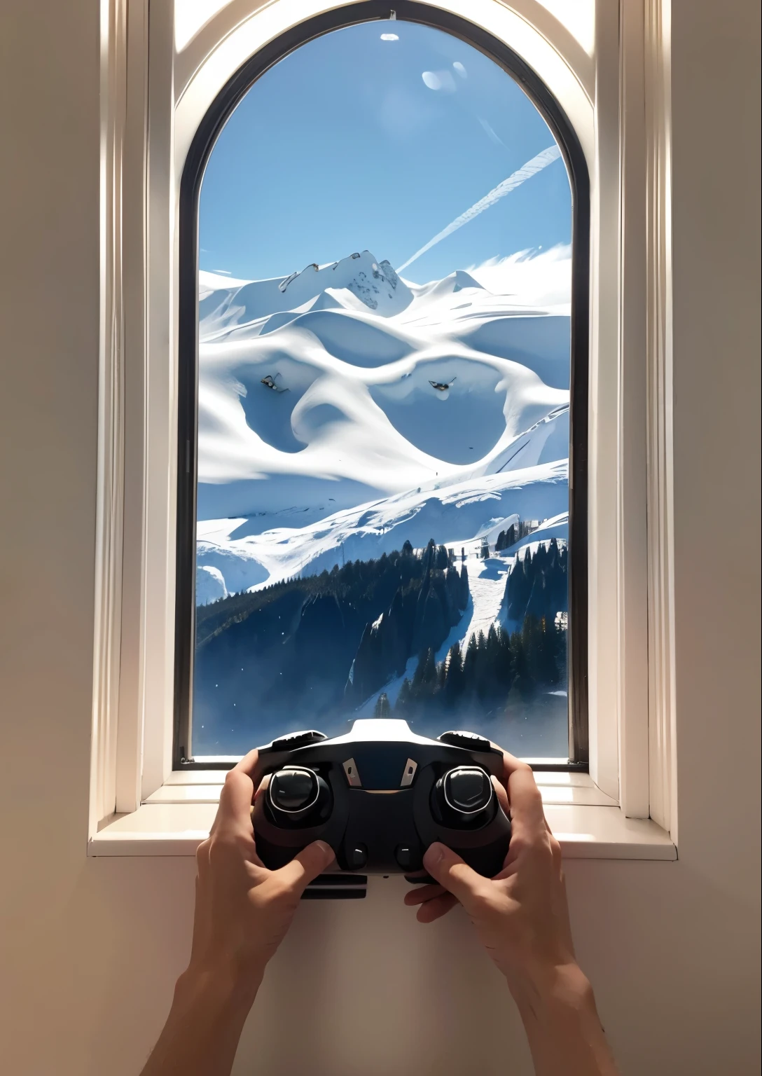 (A drone poster),(Small drone flies above snowy mountain clouds:1.2),(A pair of hands grasping the handle:1.2),(handle indoors)(Original material remains unchanged:1.2),(The drone is seen through a window in the background:1.2),tmasterpiece,Highest quality,high high quality,Impeccable,brightly