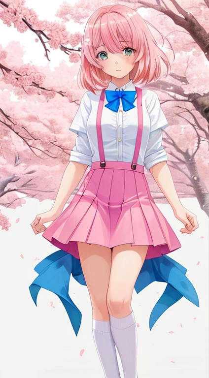 masutepiece, fullllbody, 1girl in, Solo, Standing, Pink tones, Manga style, pink cherry blossoms nearby,14years, Pink hair, blue suspender skirt uniform, White shirt, blue neck bow tie, (White background), Looking at the viewer, side front pose