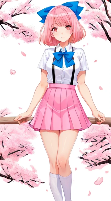 masutepiece, fullllbody, 1girl in, Solo, Standing, Pink tones, Manga style, pink cherry blossoms nearby,14years, Pink hair, blue suspender skirt uniform, White shirt, blue neck bow tie, (White background), Looking at the viewer, side front pose