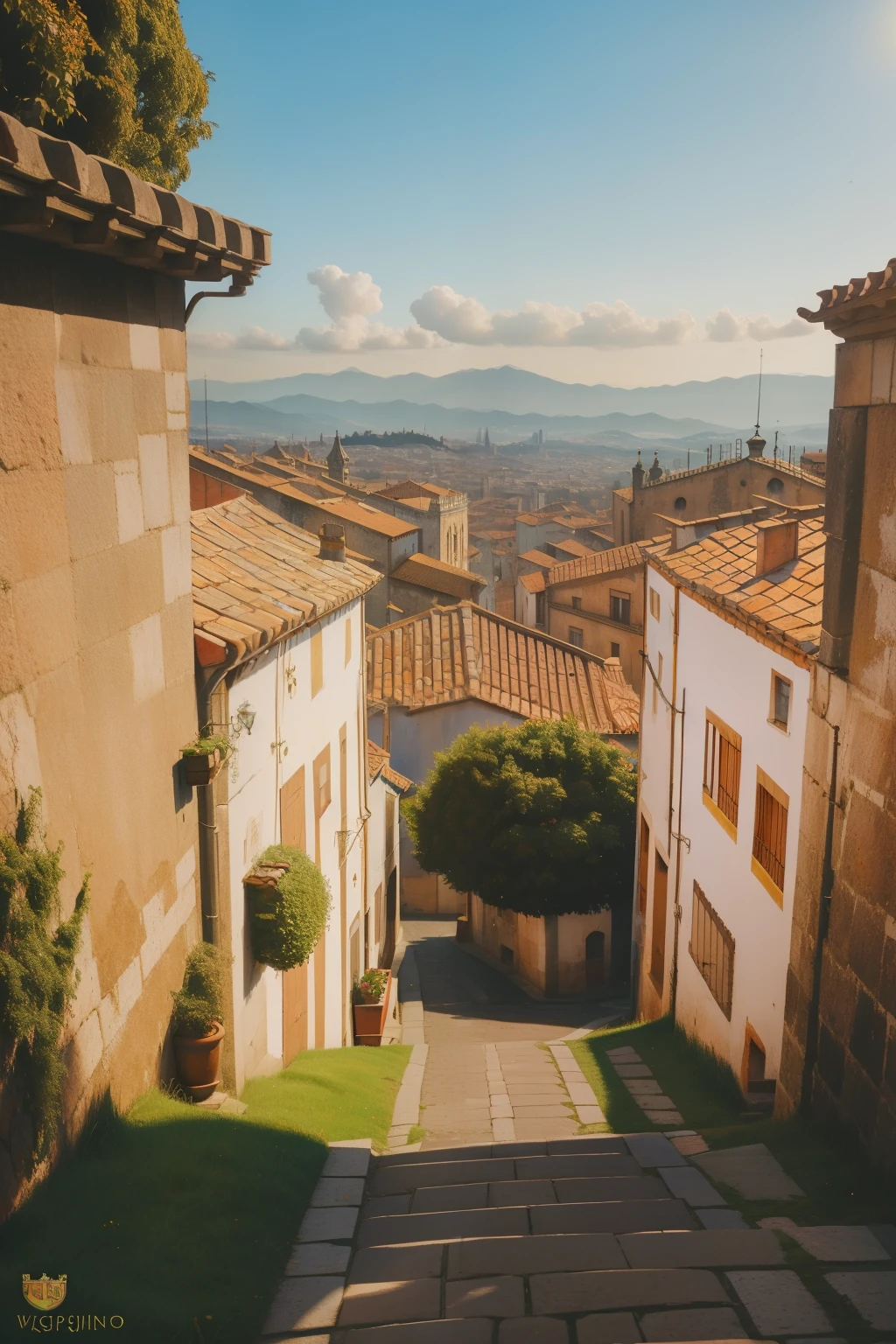 1144, santiago de compostela, Spain. Escena de otro mundo, in the background a medieval landscape view of the city of santiago de compostela, Vista a la calle, ((Cinematic style by Wes Anderson)), De color