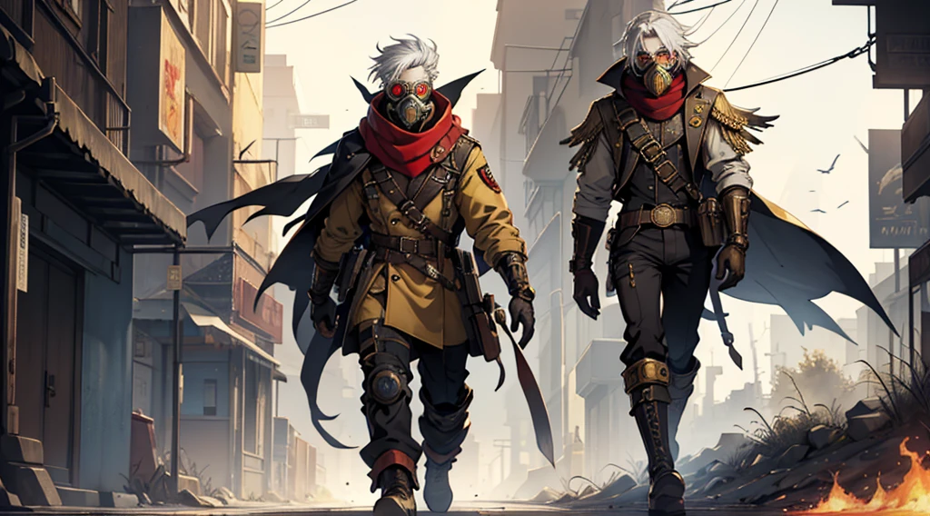 Man with white hair and yellow eyes and in a golden steampunk costume and red scarf and golden gloves and a futuristic style gas mask walking on a radiation road and a gray watercolor style background with flying crows